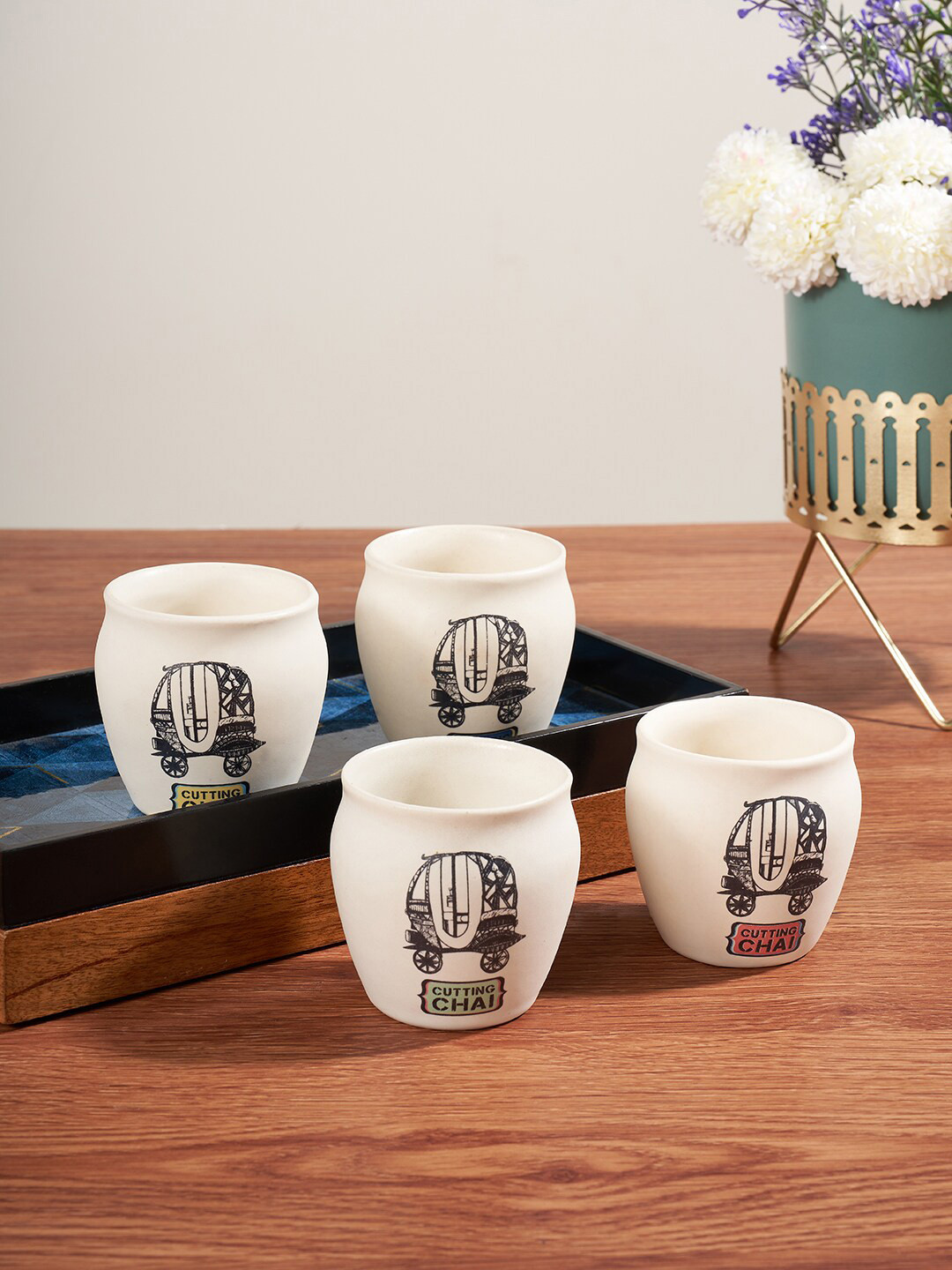 Living scapes by Pantaloons Rakshabandhan Gift White Conversational Stoneware Microwave Safe 4 Piece Kulhad-180ml