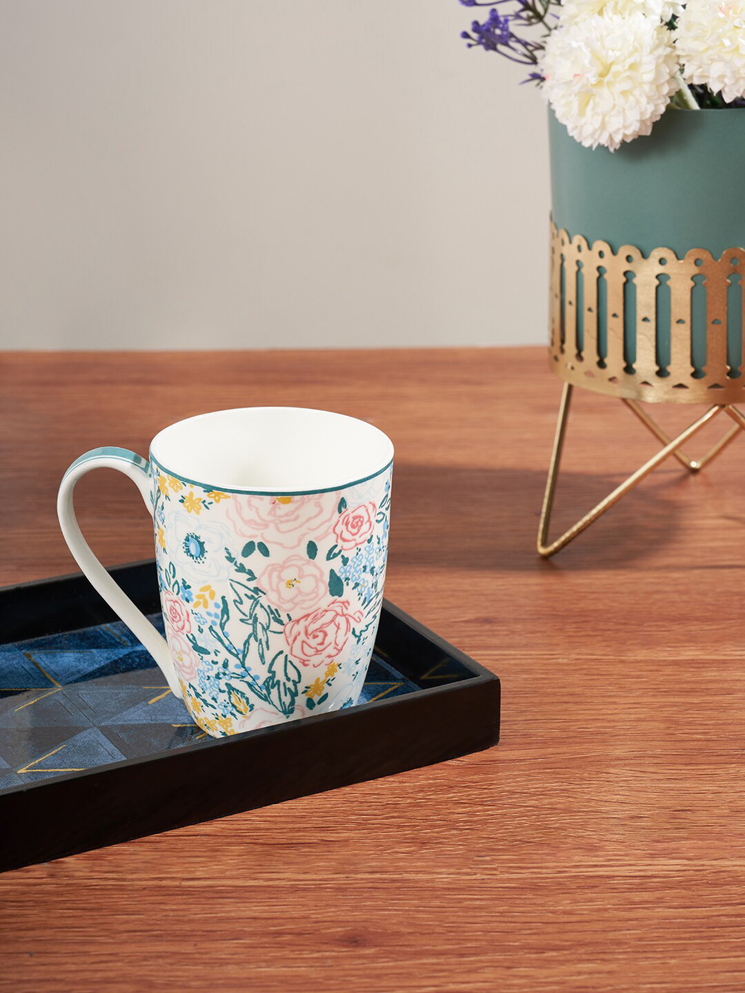 Living scapes by Pantaloons Funky White Floral Bone China Microwave Safe Mug-300ml