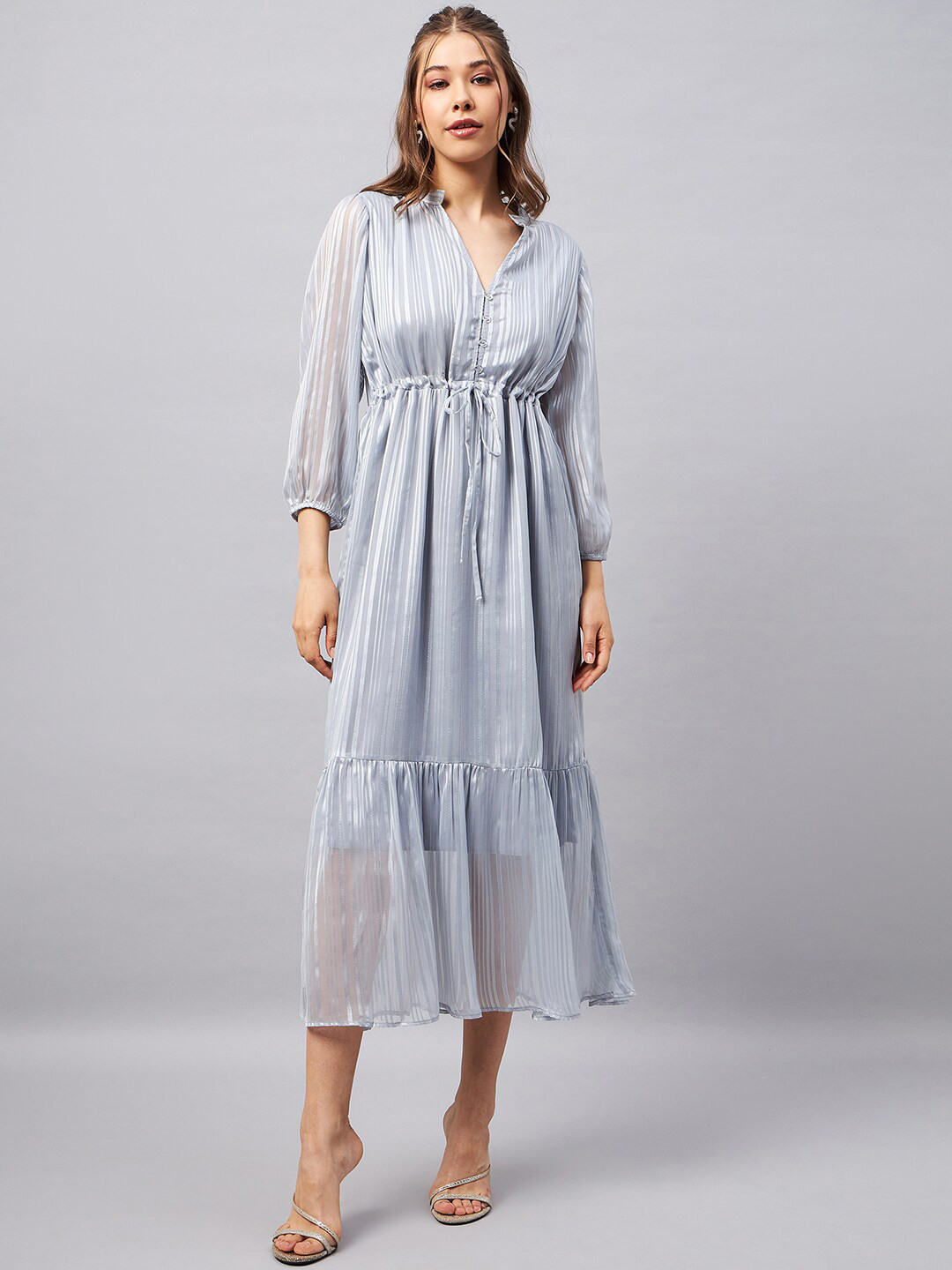 Chemistry Vertical Striped Puff Sleeves Midi Dress
