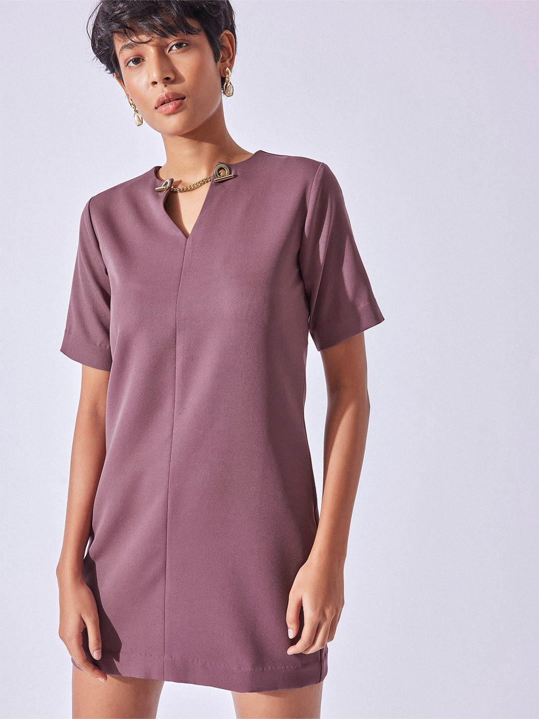 The Label Life Rose Chain Detail Round Neck With Notched Shift Dress
