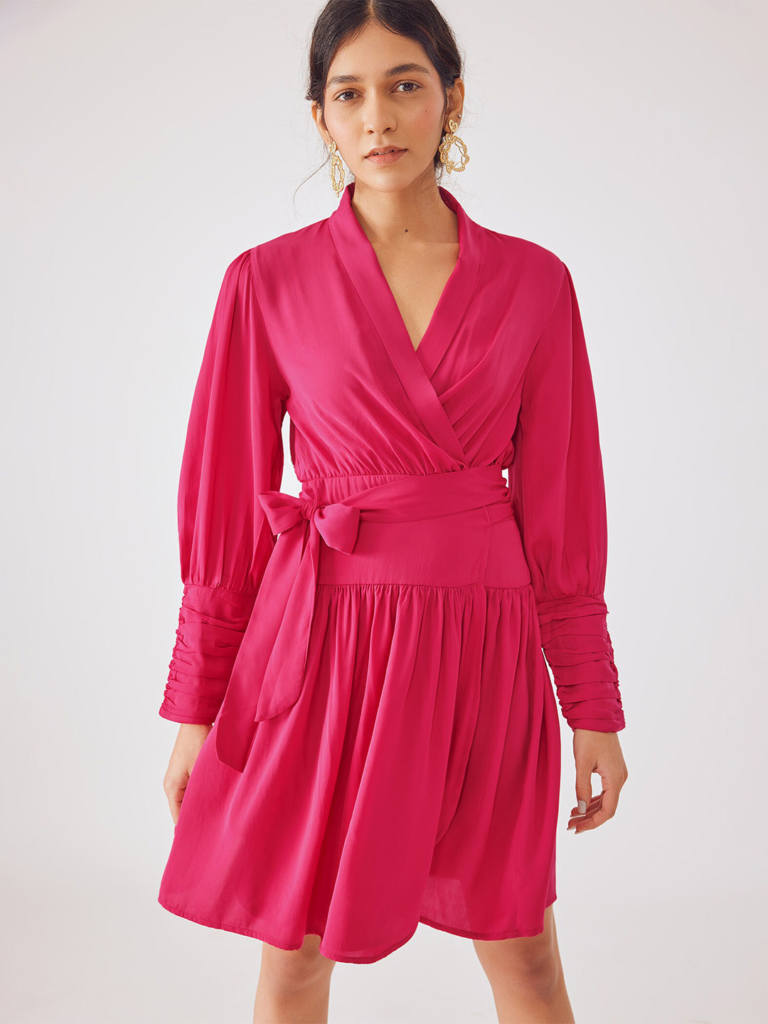 The Label Life Shawl Collar V-Neck Tie-Ups Wrap Dress