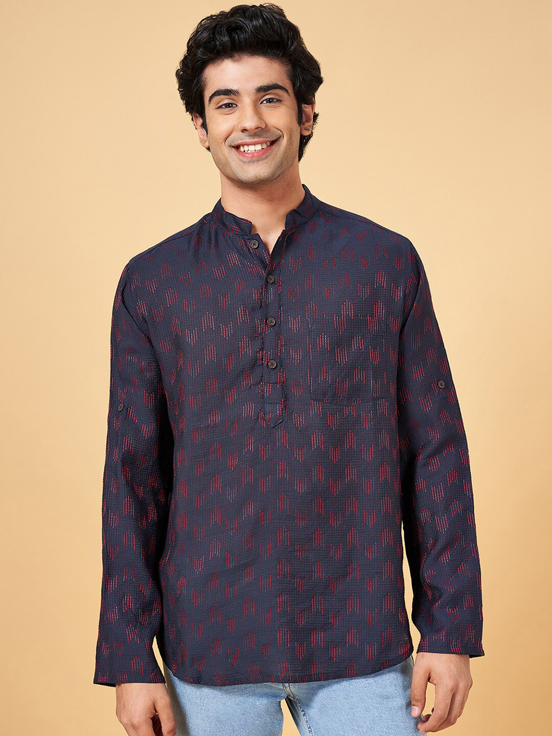 indus route by Pantaloons Geometric Woven Design Mandarin Collar Straight Kurta