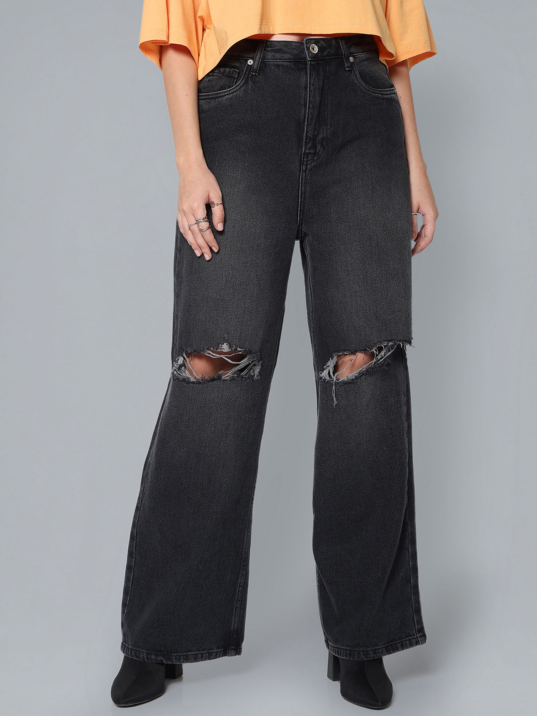 Flying Machine Women Wide Leg Fit High Rise Slash Knee Light Fade Non Stretchable Jeans