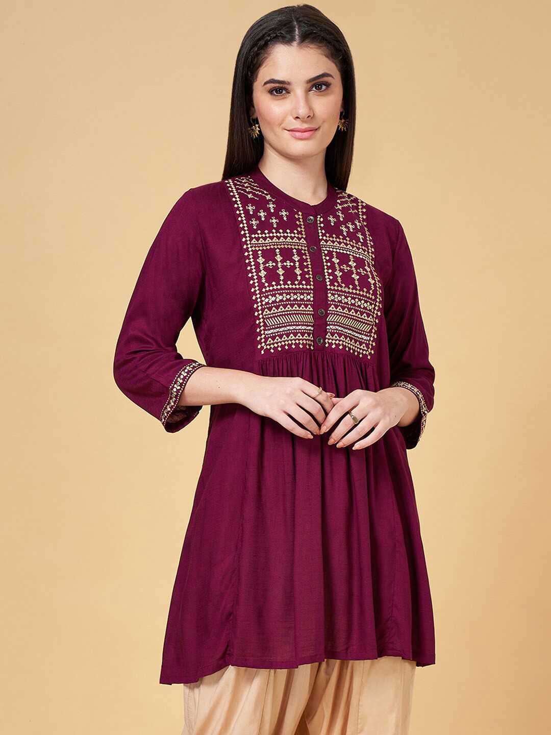 RANGMANCH BY PANTALOONS Ethnic Motifs Embroidered Mandarin Collar A-Line Kurti