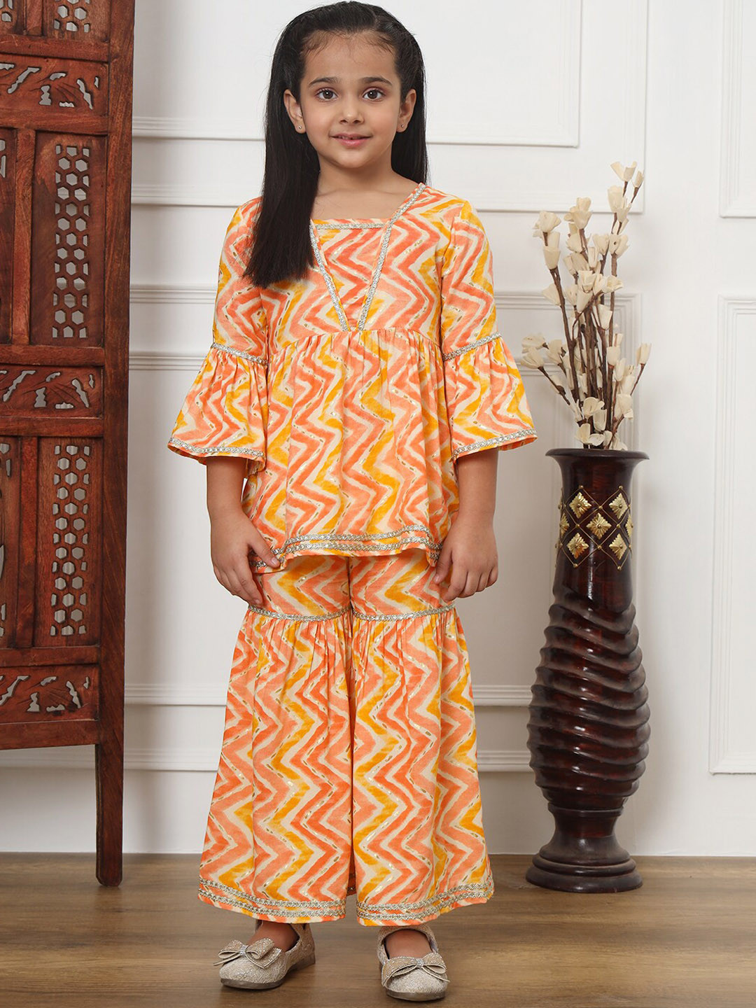 Readiprint Girls Chevron Printed Square Neck Bell Sleeves Kurti With Sharara