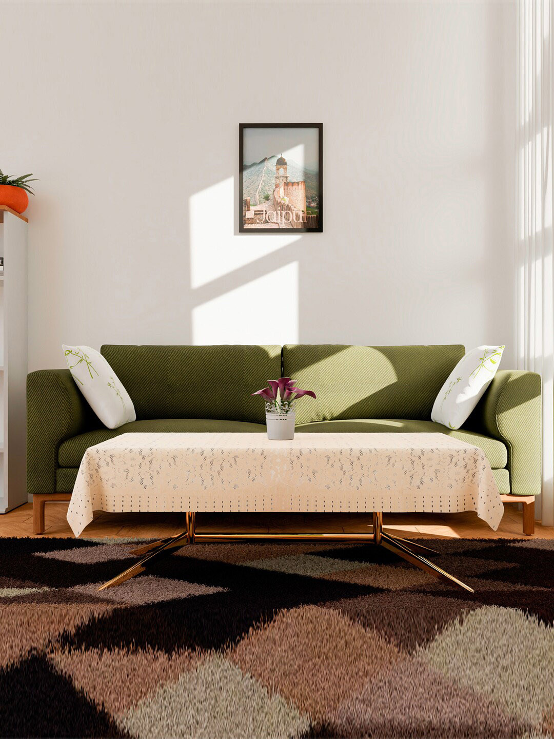 Kuber Industries Cream-Coloured Self-Design Net 2-Seater Center Table Cover