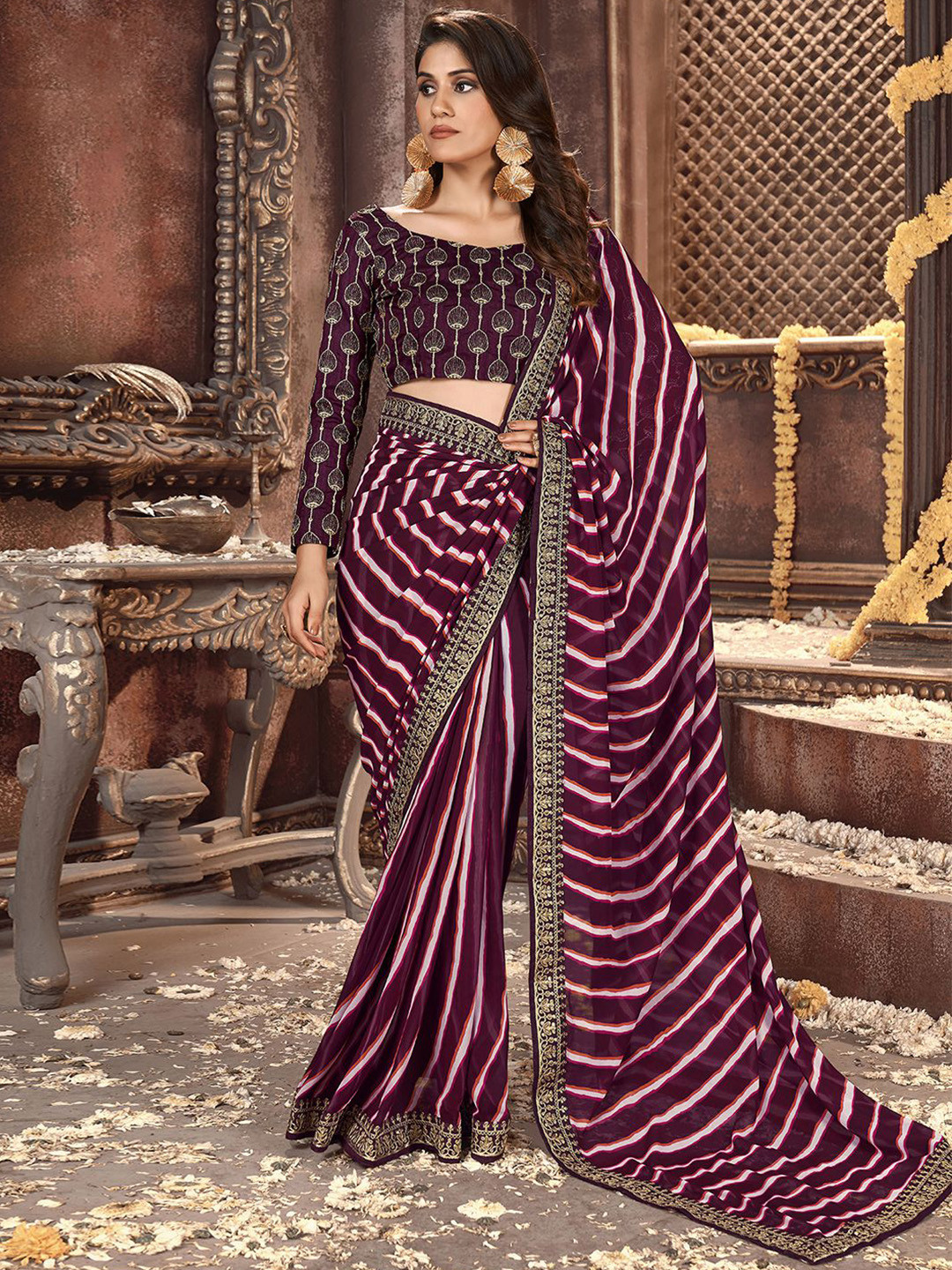 Satrani Leheriya Printed Embroidered Leheriya Saree
