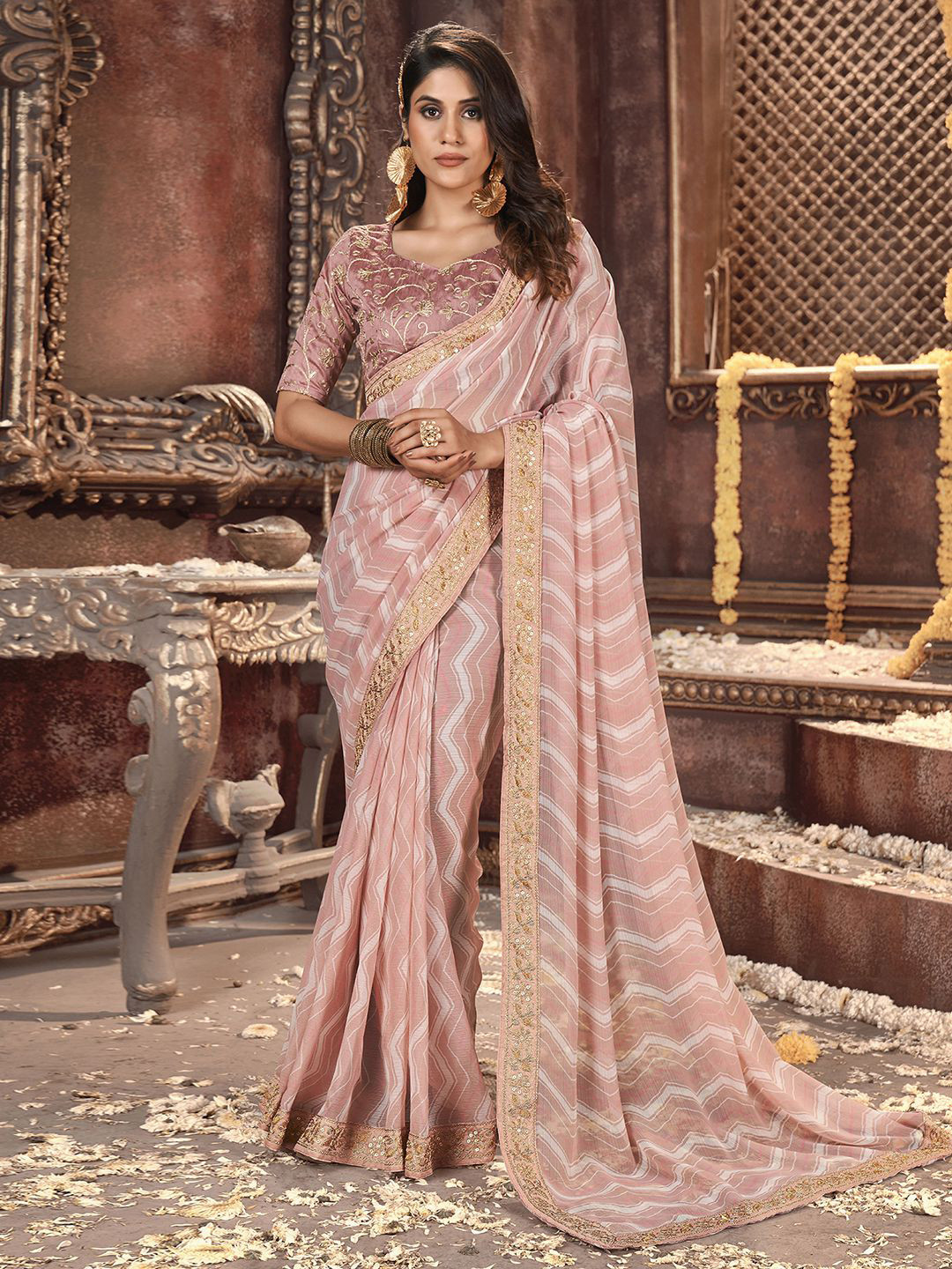 Satrani Striped Sequinned Poly Georgette Leheriya Saree