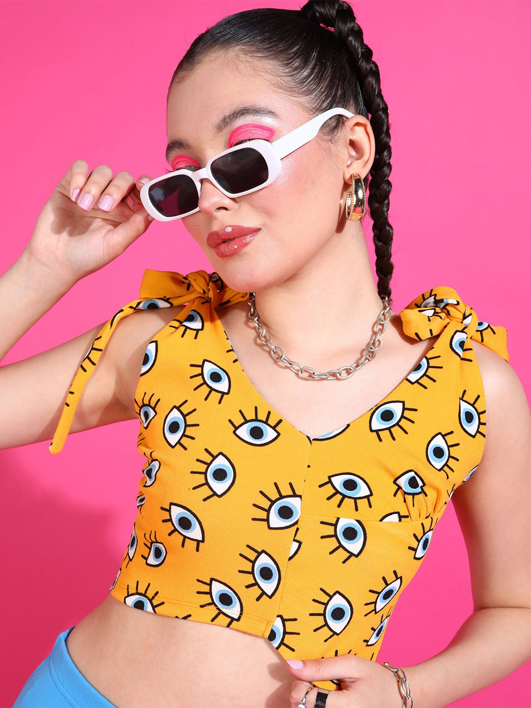 Popwings Self Design Printed Strap Knot Crop Top