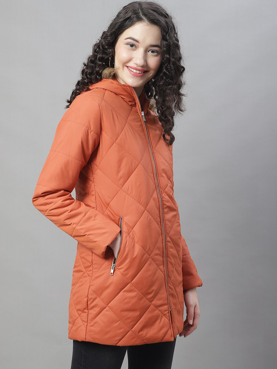 HOUSE OF VEDAS Lightweight Faux Fur Trim Longline Quilted Jacket