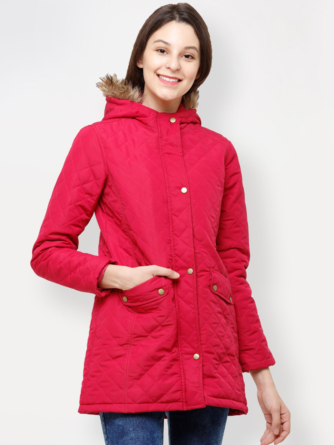 HOUSE OF VEDAS Lightweight Faux Fur Trim Hooded Longline Padded Jacket