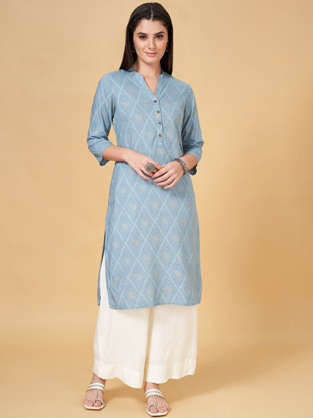 RANGMANCH BY PANTALOONS Abstract Printed Band Collar Straight Kurta