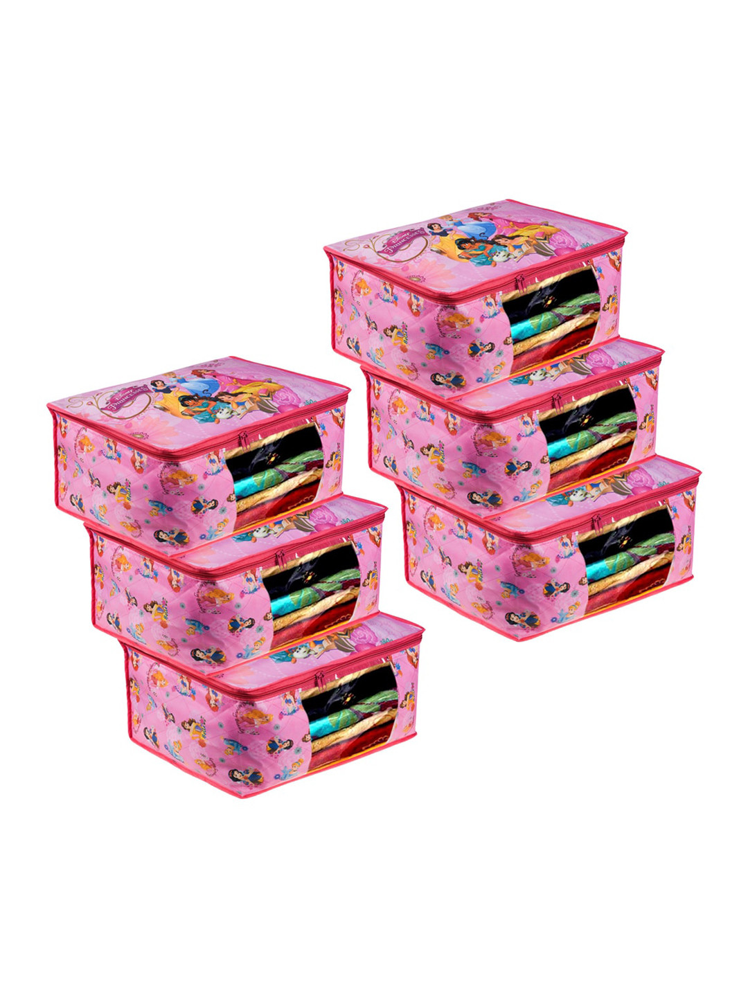 Kuber Industries Pink & Blue 6-Pieces Disney Princess Printed Large Saree Organisers