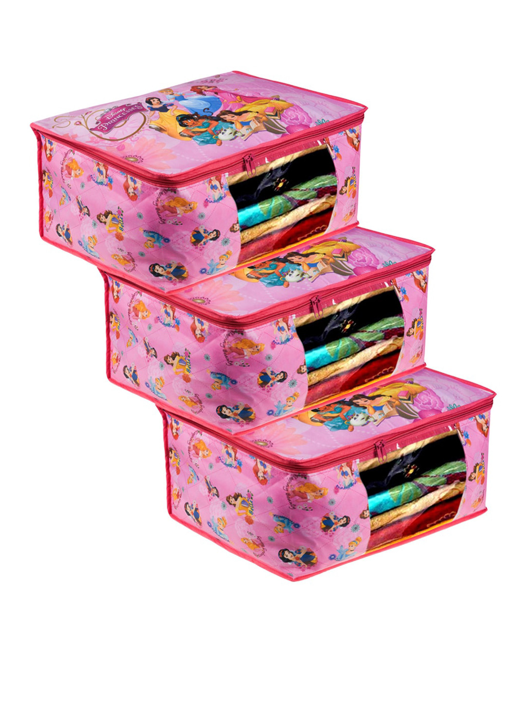 Kuber Industries Pink & Blue 3-Pieces Disney Princess Printed Large Saree Organisers