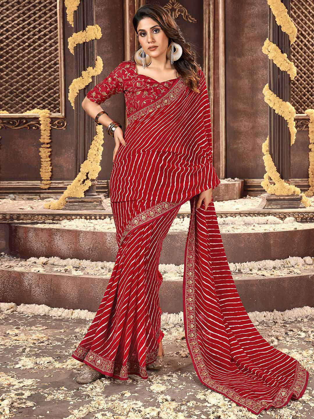Satrani Red & Gold-Toned Leheriya Printed Embroidered Border Saree