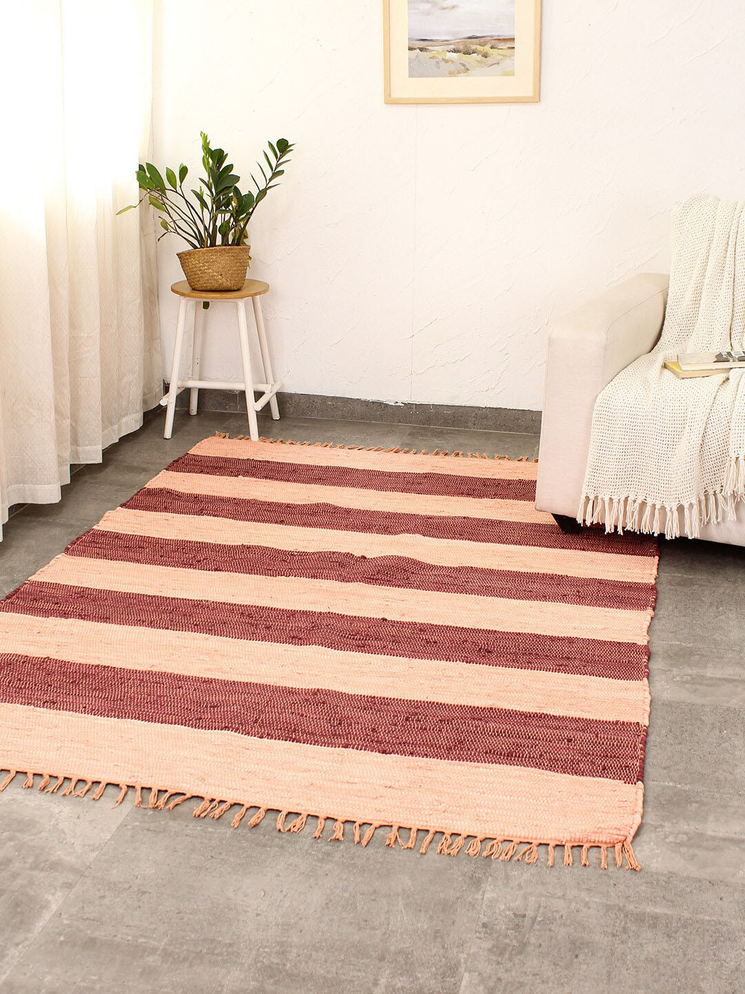 House This Palolem Peach-Coloured & Red Striped Cotton Recylce Chindi Carpet