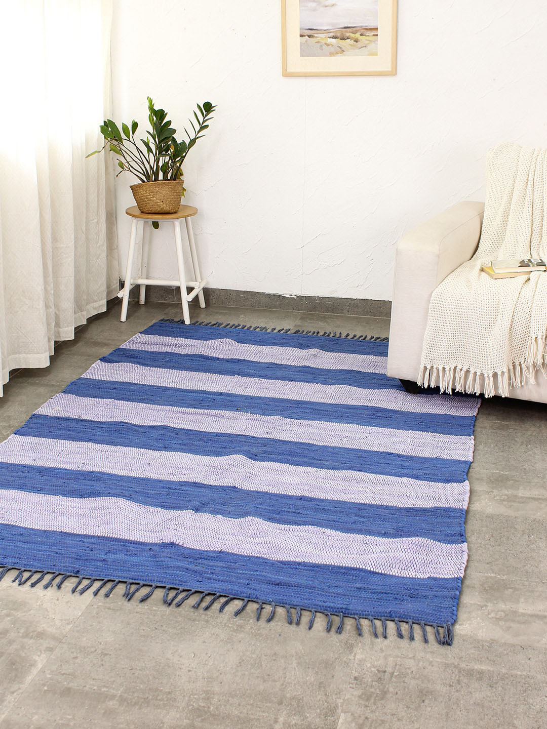 House This Cherai Blue Striped Cotton Recycle Chindi Carpet