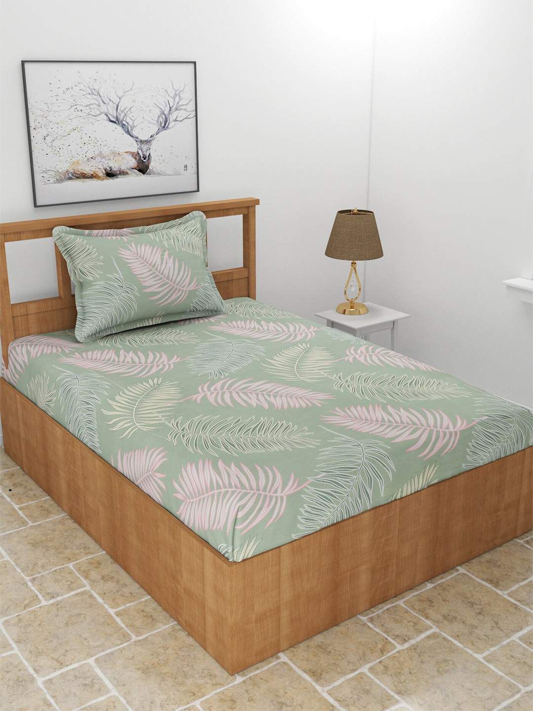MORADO Green Leaf Polycotton 210 TC Single Fine Bedsheet with a Pillow Cover-89 x 60 inches