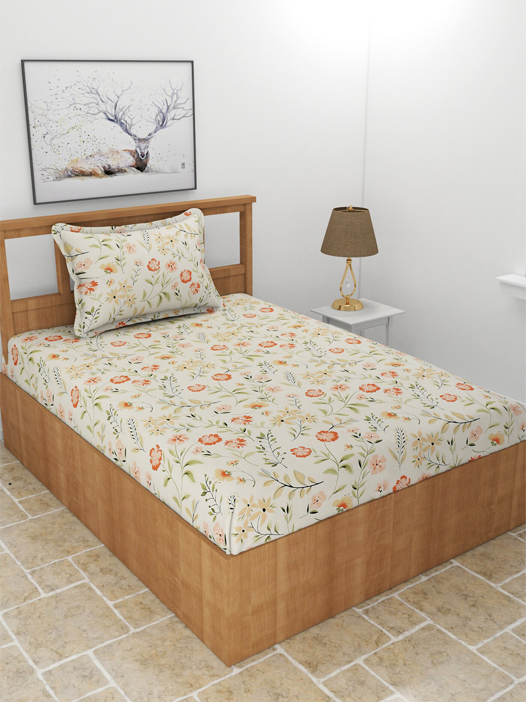 MORADO Snowd Off White Floral Polycotton 210 TC Single Fine Bedsheet with a Pillow Cover-90 x 60 inches