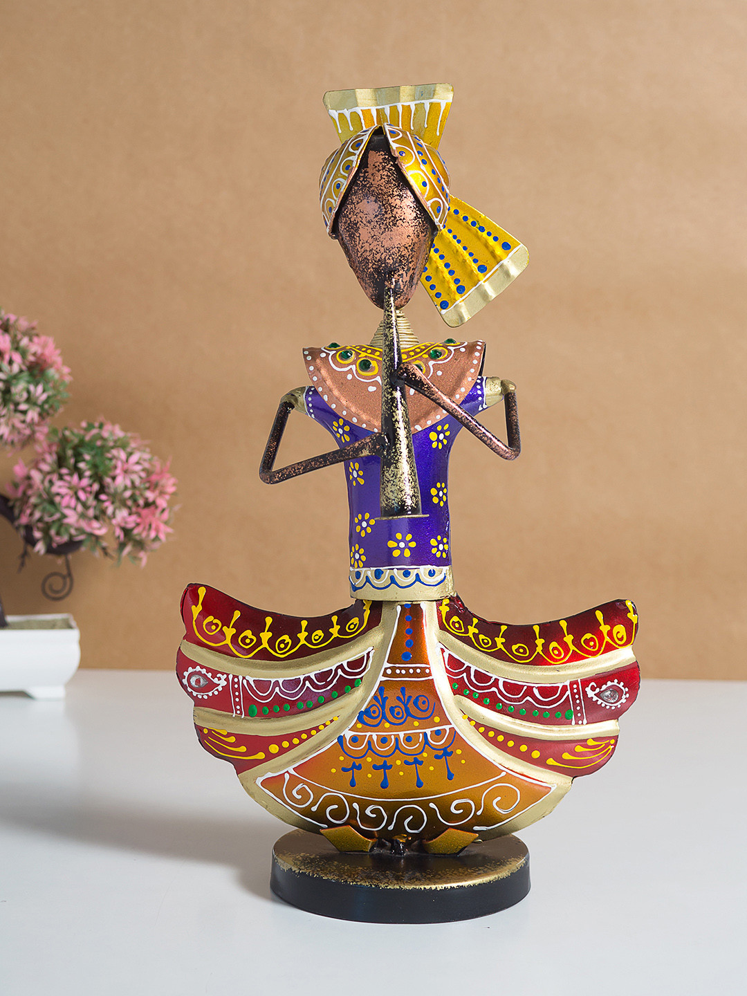 Golden Peacock Musician Red Metal Metallic Living Room Music Large Showpiece - 7.5 Inches