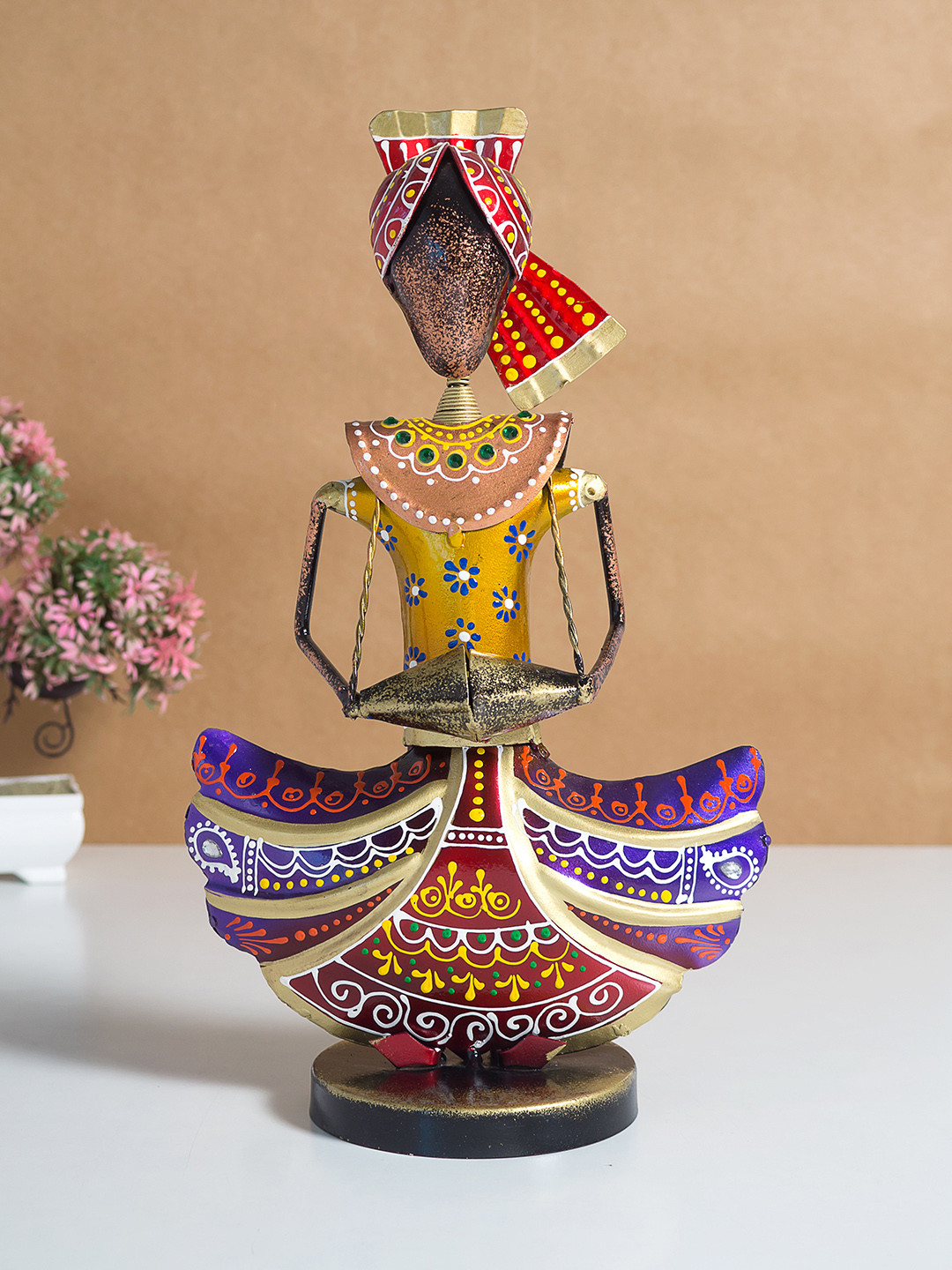 Golden Peacock Yellow & Purple Musician Figurine Showpiece