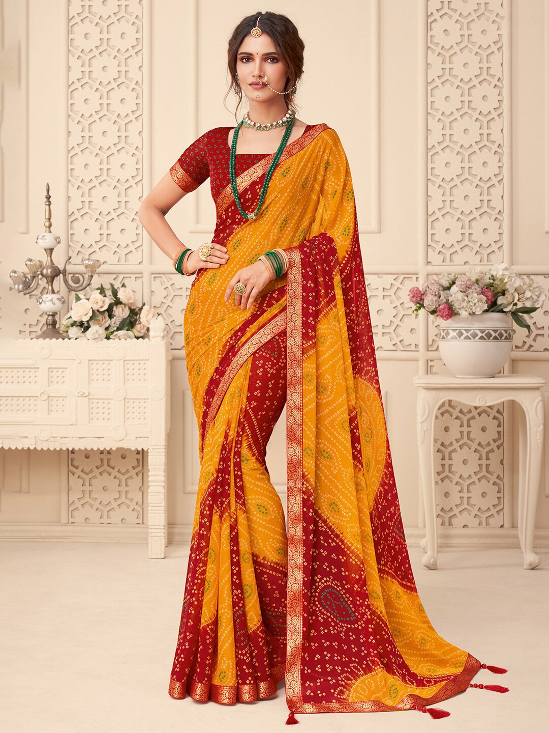 Anouk Yellow Bandhani Printed Zari Pure Chiffon Bandhani Saree