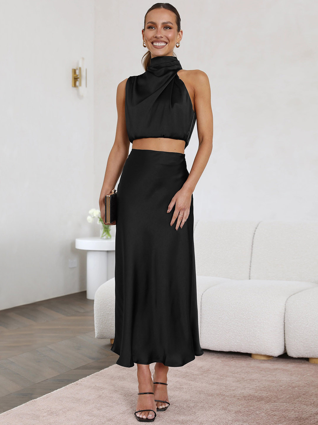 StyleCast High Neck Crop Top With Maxi Semi-Flared Skirt Co-Ords