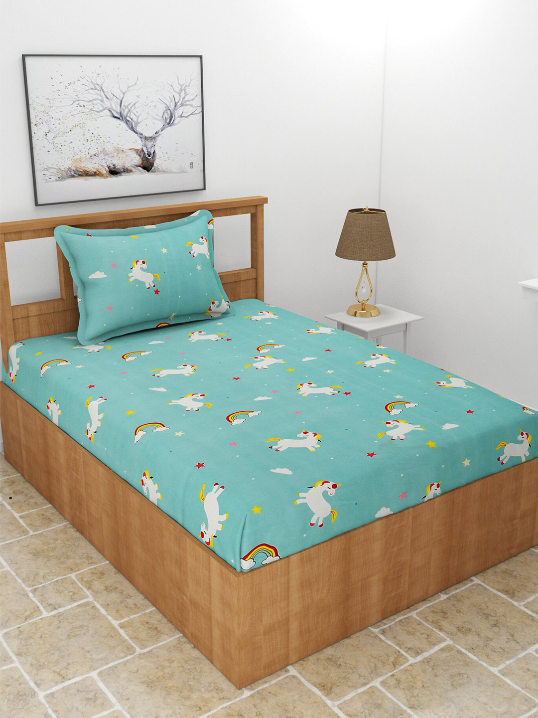 MORADO Kidzania Blue Cartoon Characters Polycotton 400 TC Single Superfine Bedsheet with a Pillow Cover-60 x 91 inches