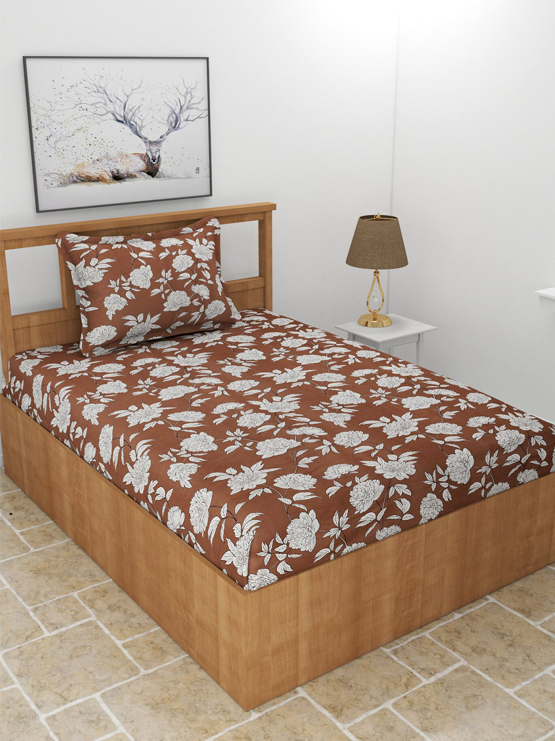 MORADO Maple Coffee Brown Floral Polycotton 210 TC Single Fine Bedsheet with a Pillow Cover-60 x 91 inches