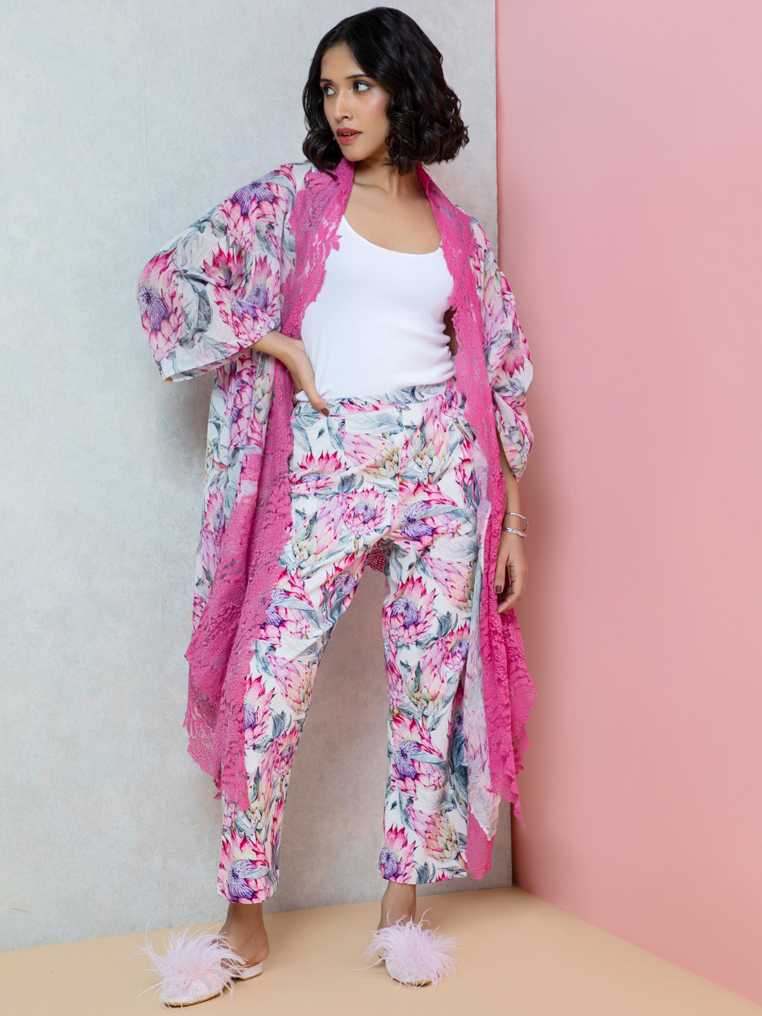 Rhe-Ana Printed Shawl Neck Shrug with Trousers