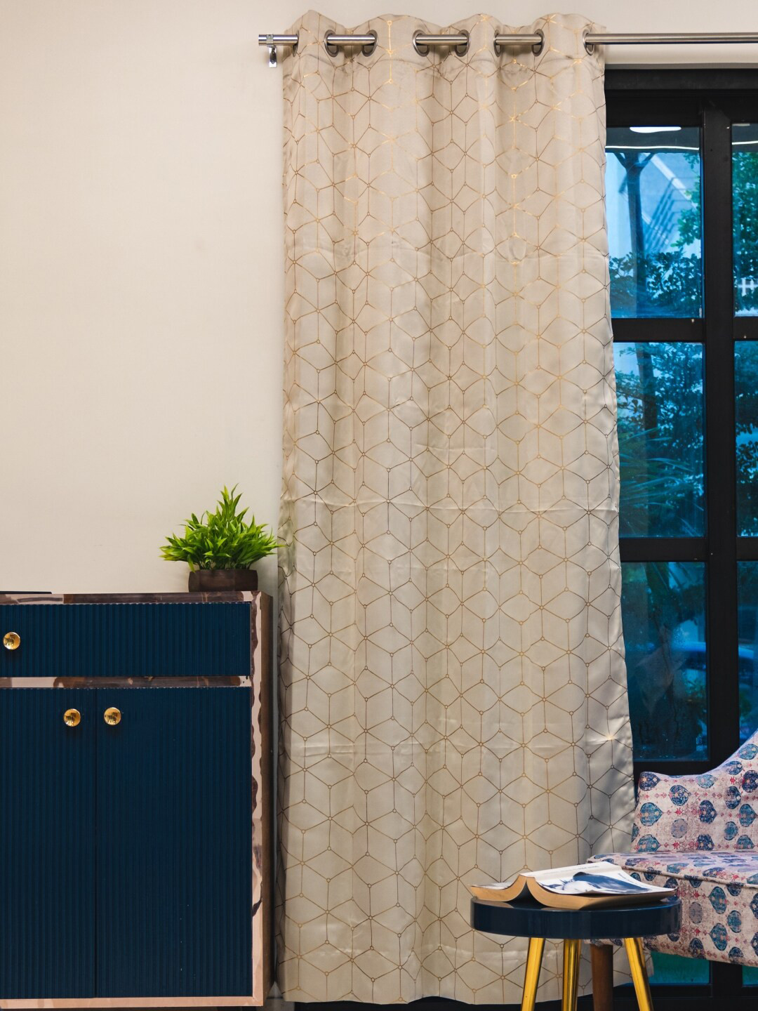 URBAN SPACE Beige & Gold-Toned Geometric Print Black Out Door Curtain