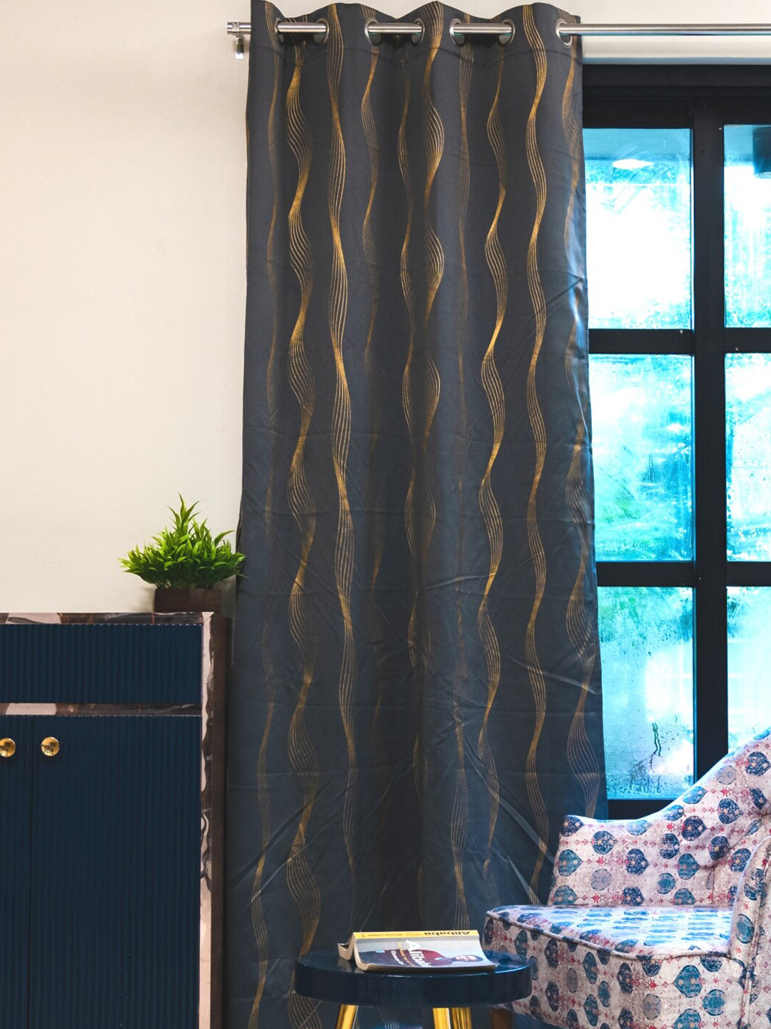 URBAN SPACE Gold Foil Grey & Gold-Toned Abstract Black Out Cotton Window Curtain