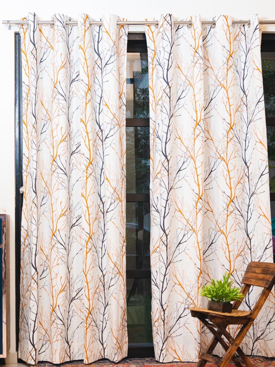 URBAN SPACE White & Yellow 2 Pieces Abstract Room Darkening Cotton Window Curtains