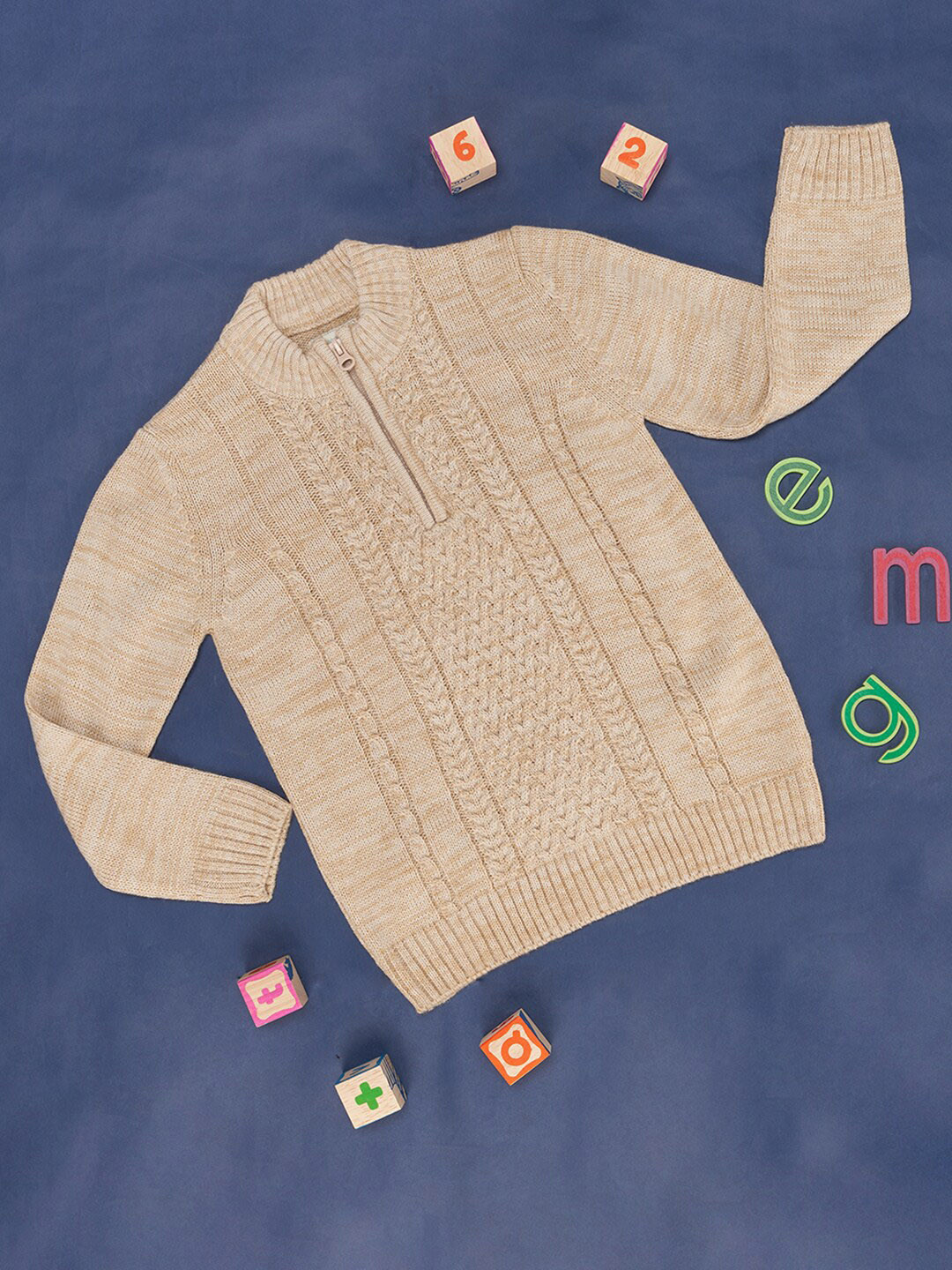 Pantaloons Junior Boys Mock Collar Self Design Ribbed Cable Knit Pullover