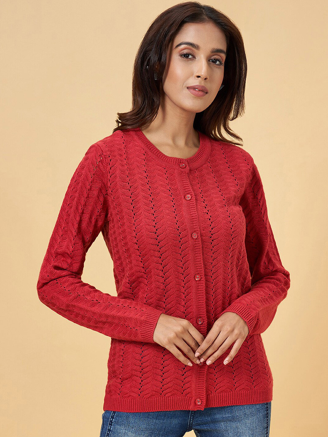 RANGMANCH BY PANTALOONS Self Design Open Knit Acrylic Cardigan
