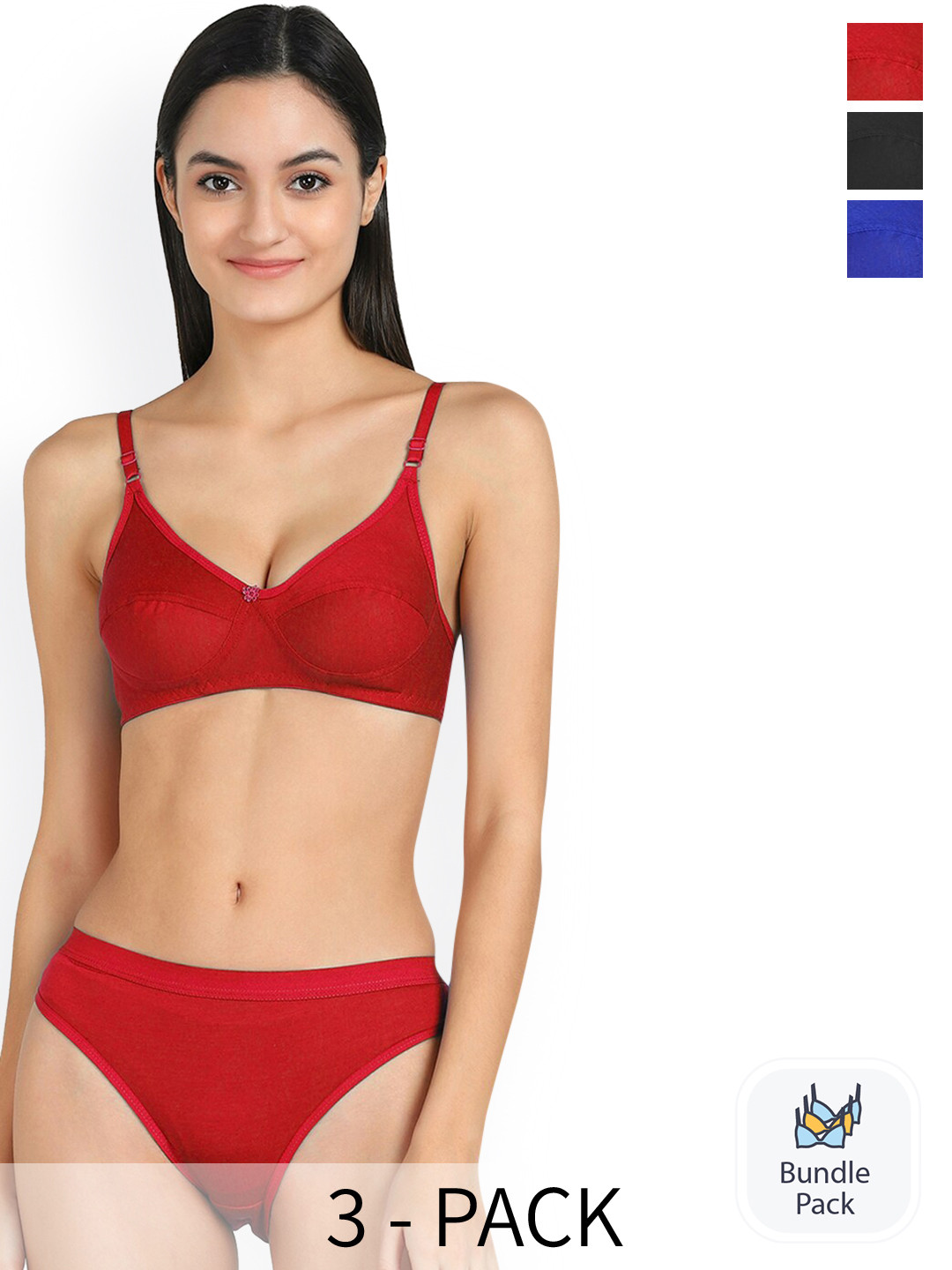 AROUSY Pack Of 3 Non Padded Cotton Lingerie Set  X_Ruchi Set_Red,Blue,Black_30
