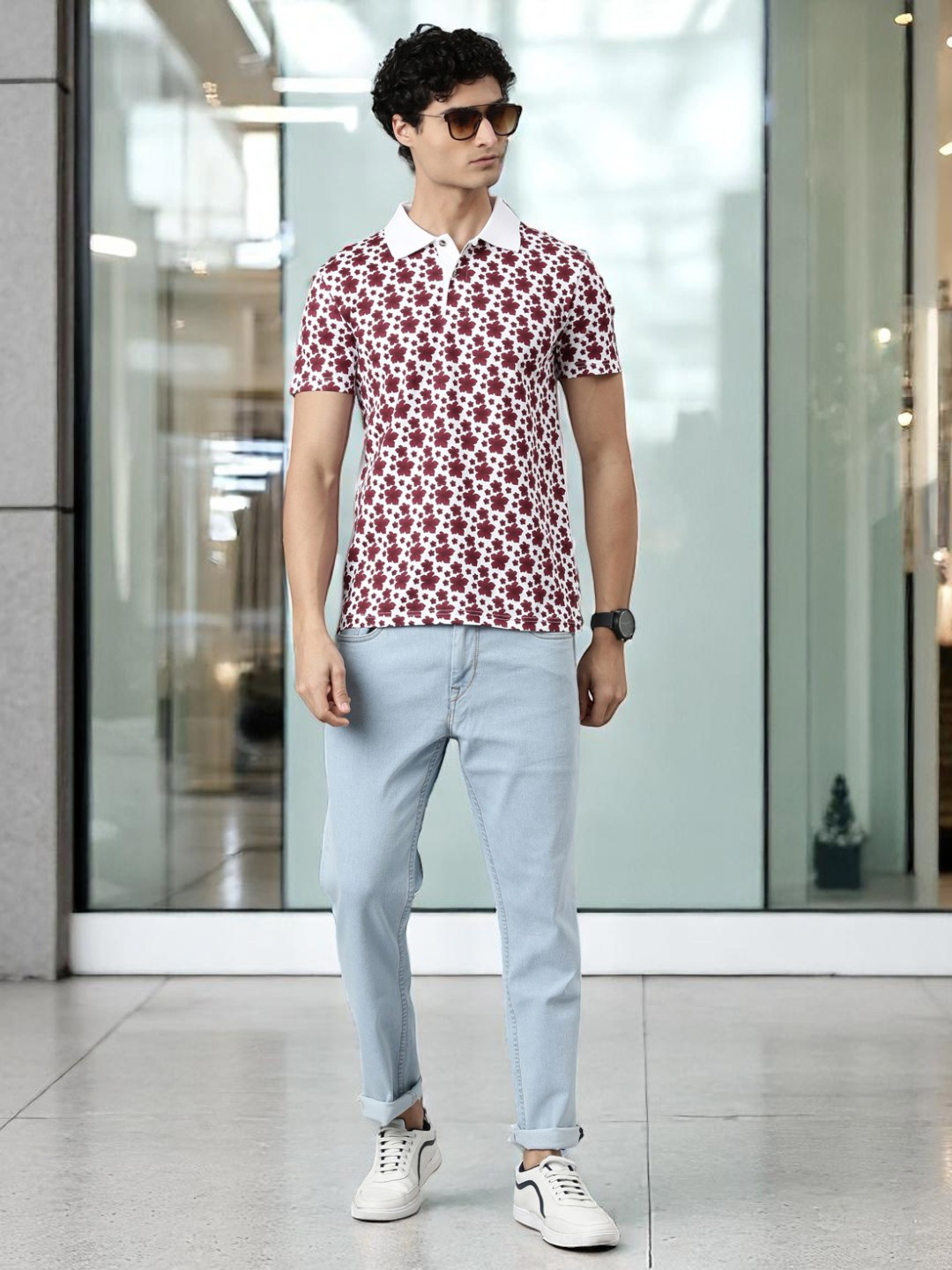 THE SOUL PATROL Floral Printed Polo Collar Pure Cotton T-shirt