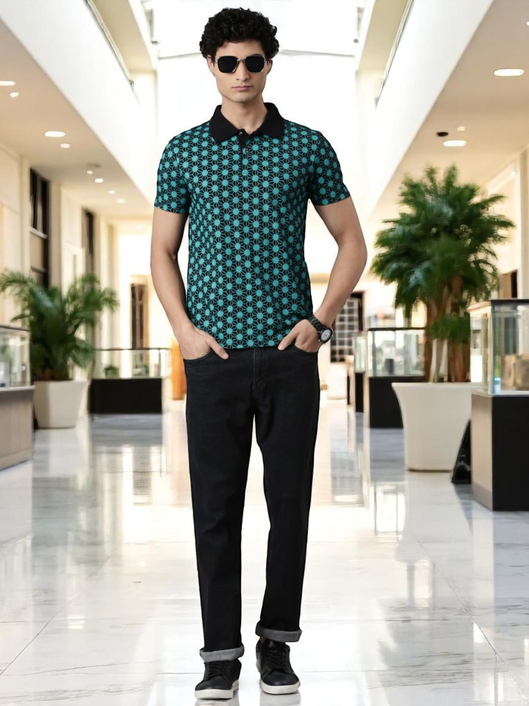 THE SOUL PATROL Geometric Printed Polo Collar Pure Cotton T-shirt