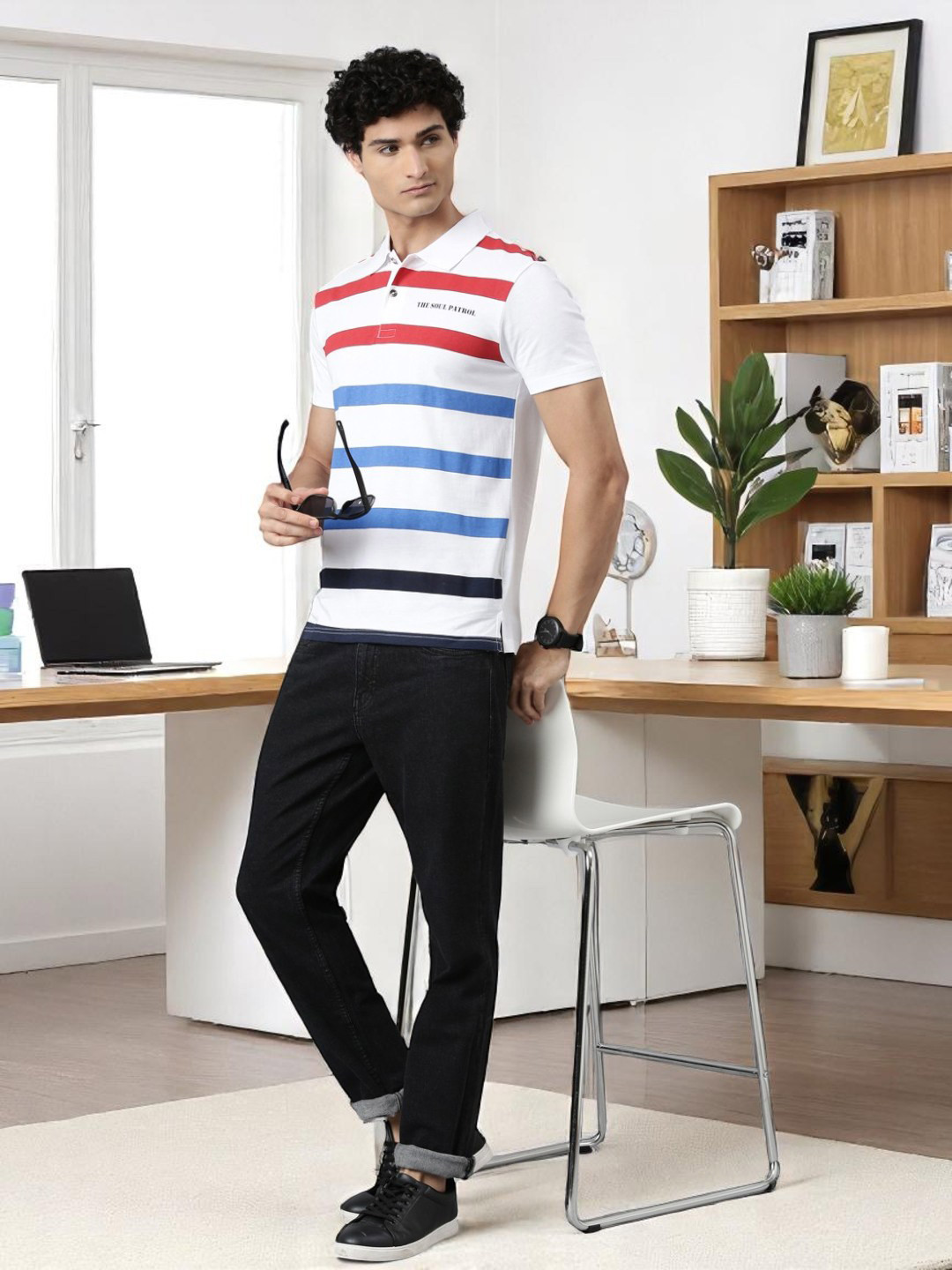 THE SOUL PATROL Striped Polo Collar Cotton T-shirt