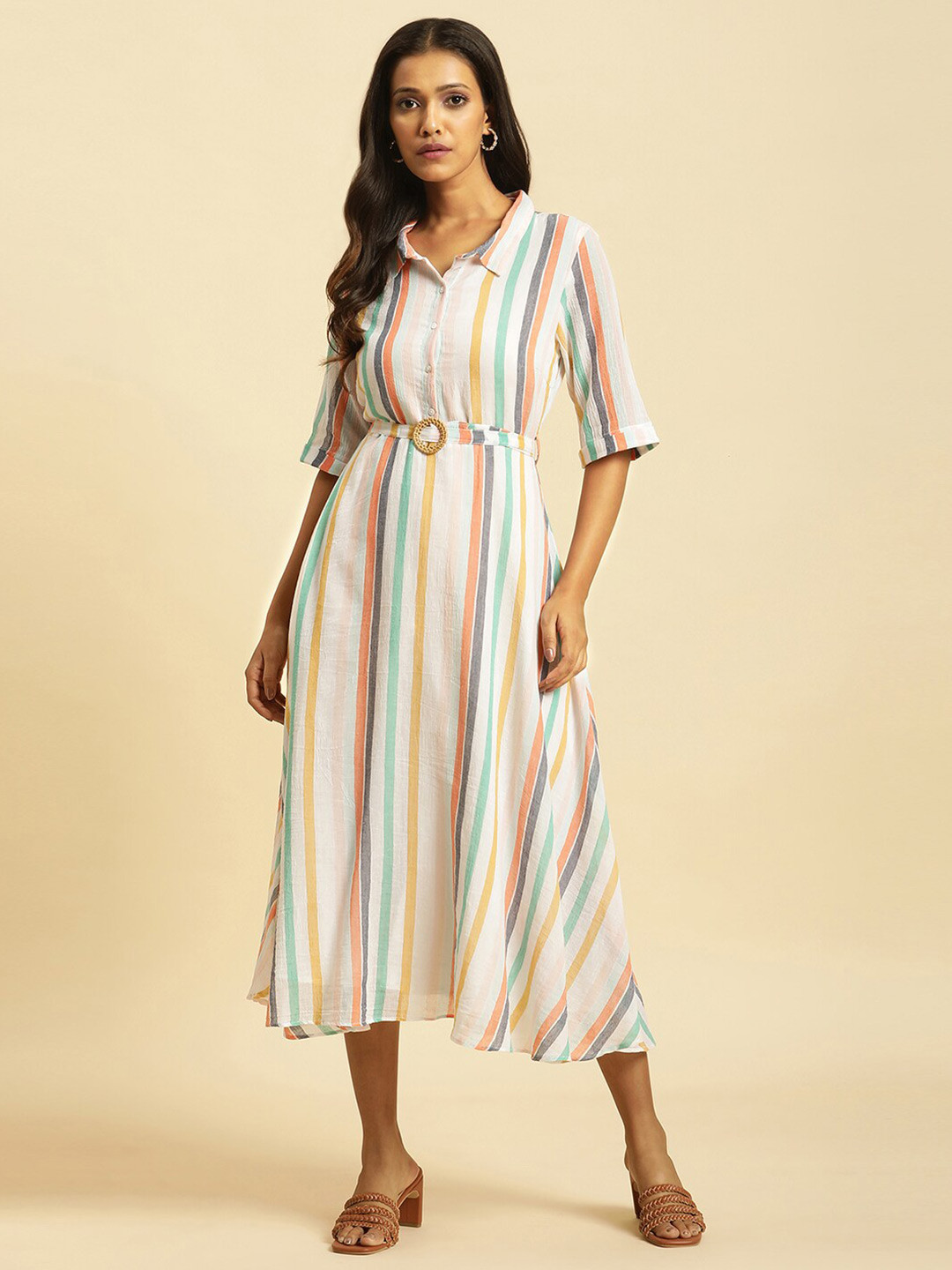 W Striped Belt Detailed Shirt Collar Cotton A-Line Midi Dress