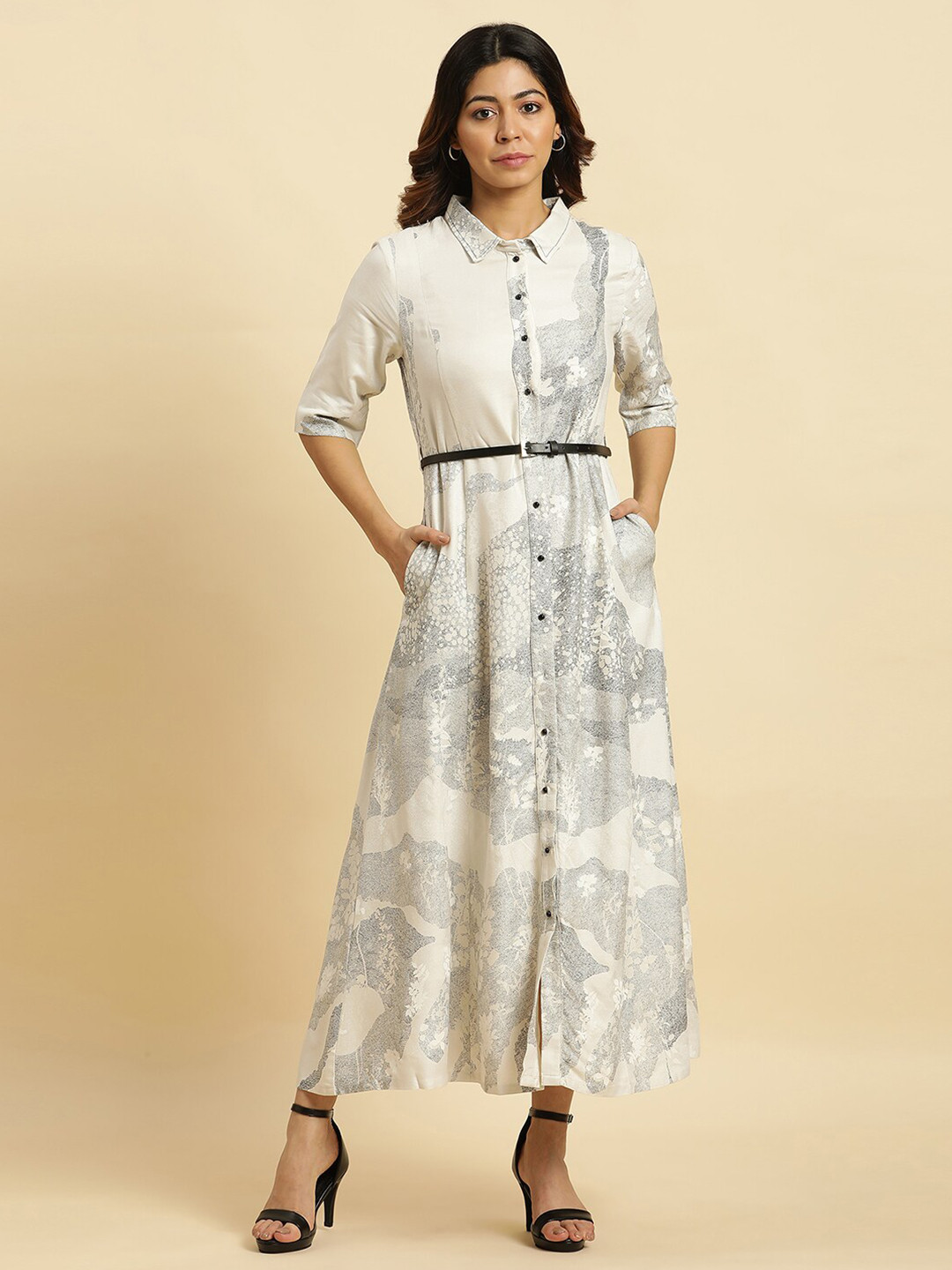 W Abstract Printed Belted Detailed Shirt Collar Shirt Style Dress