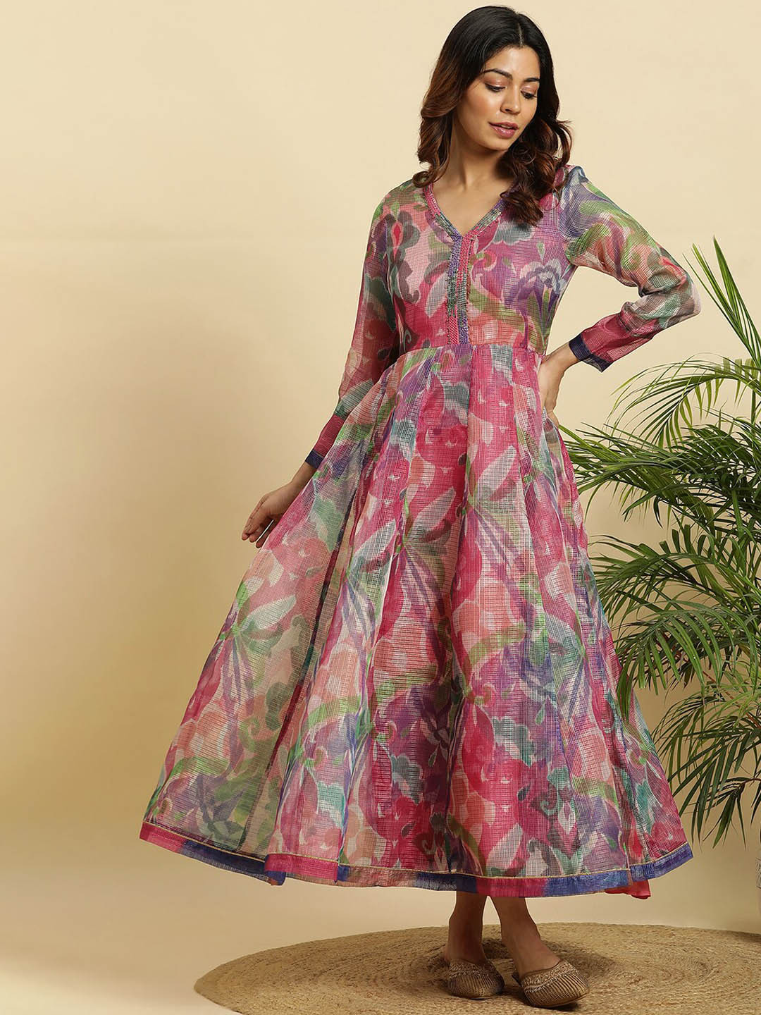 W Pink & Green Abstract Printed Fit & Flare Ethnic Dress