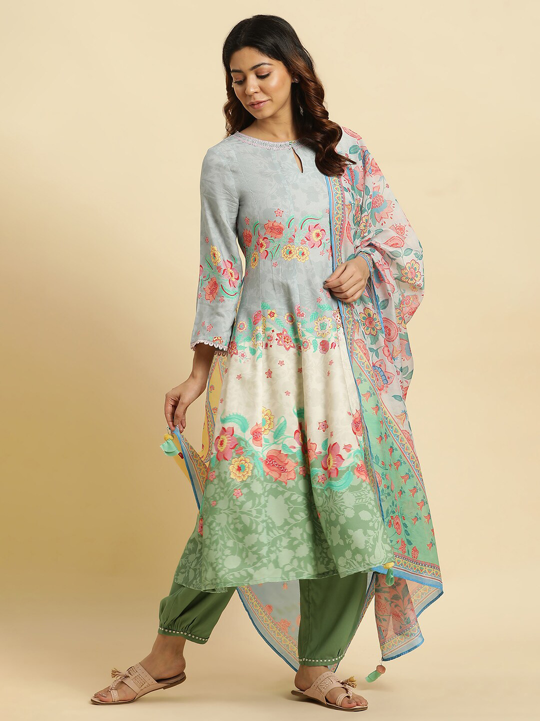 W White & Blue Floral Printed Dupatta With Tasselled Border