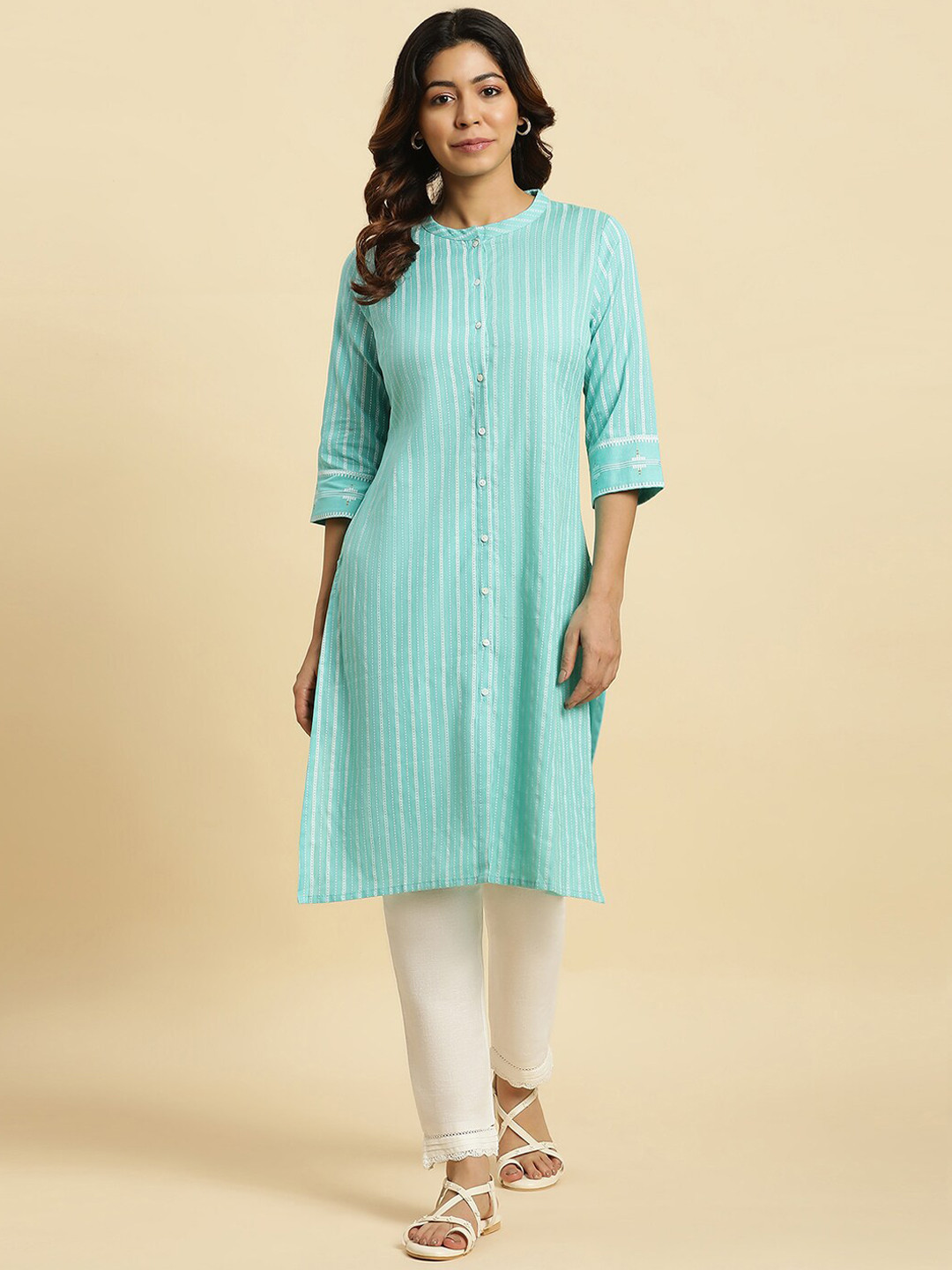 W Striped Band Collar Straight Kurta