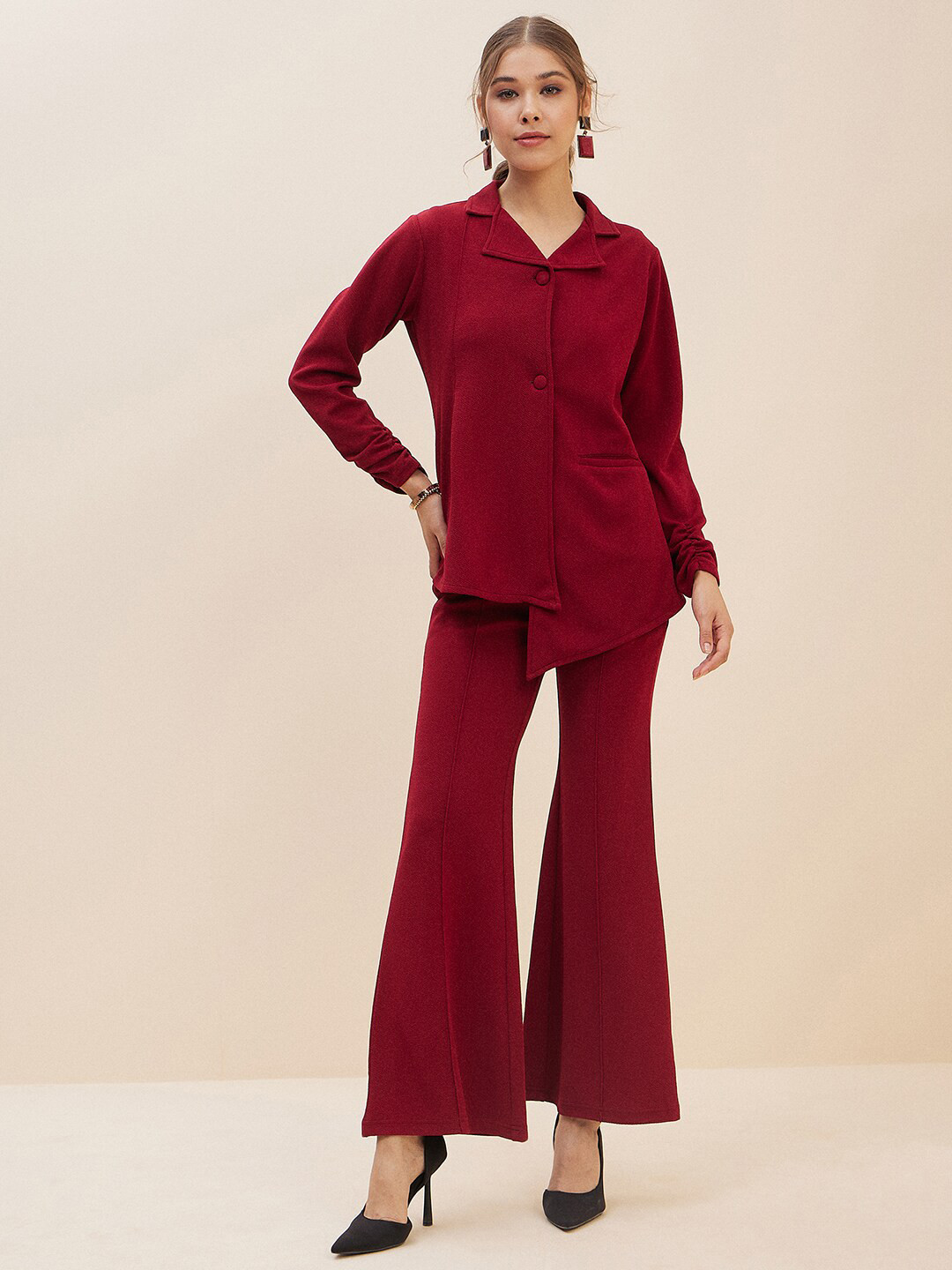 Antheaa Red Lapel-Collar Shirt & Flared Trousers