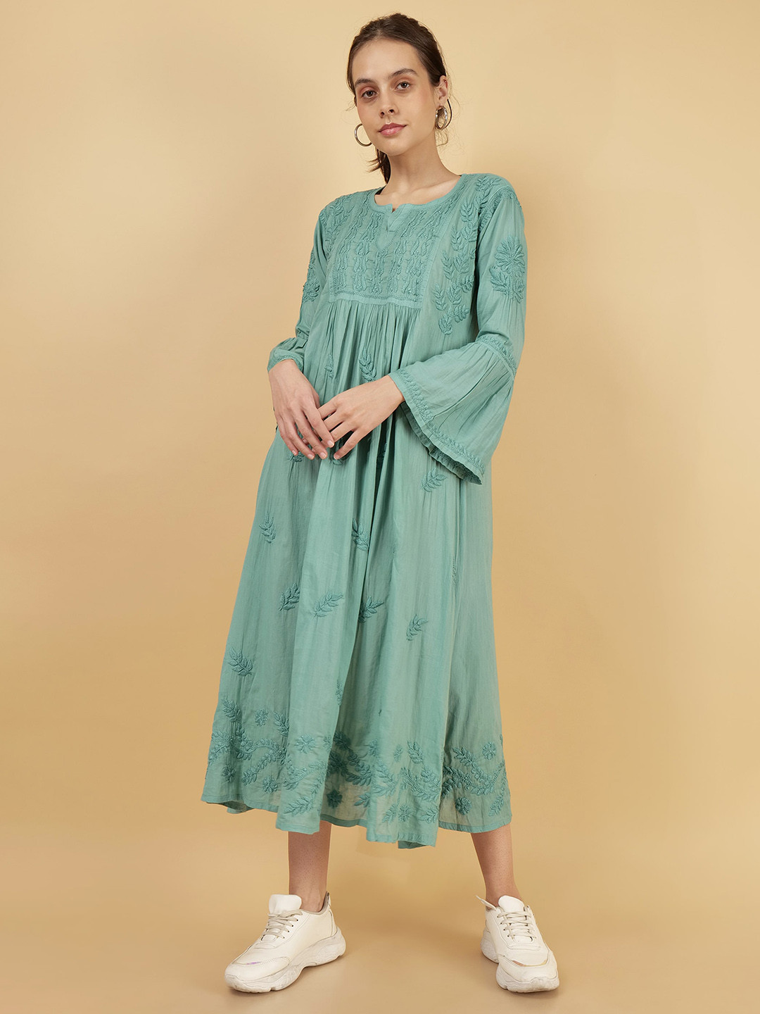 Syrish Green Floral Print Bell Sleeve A-Line Cotton Midi Dress
