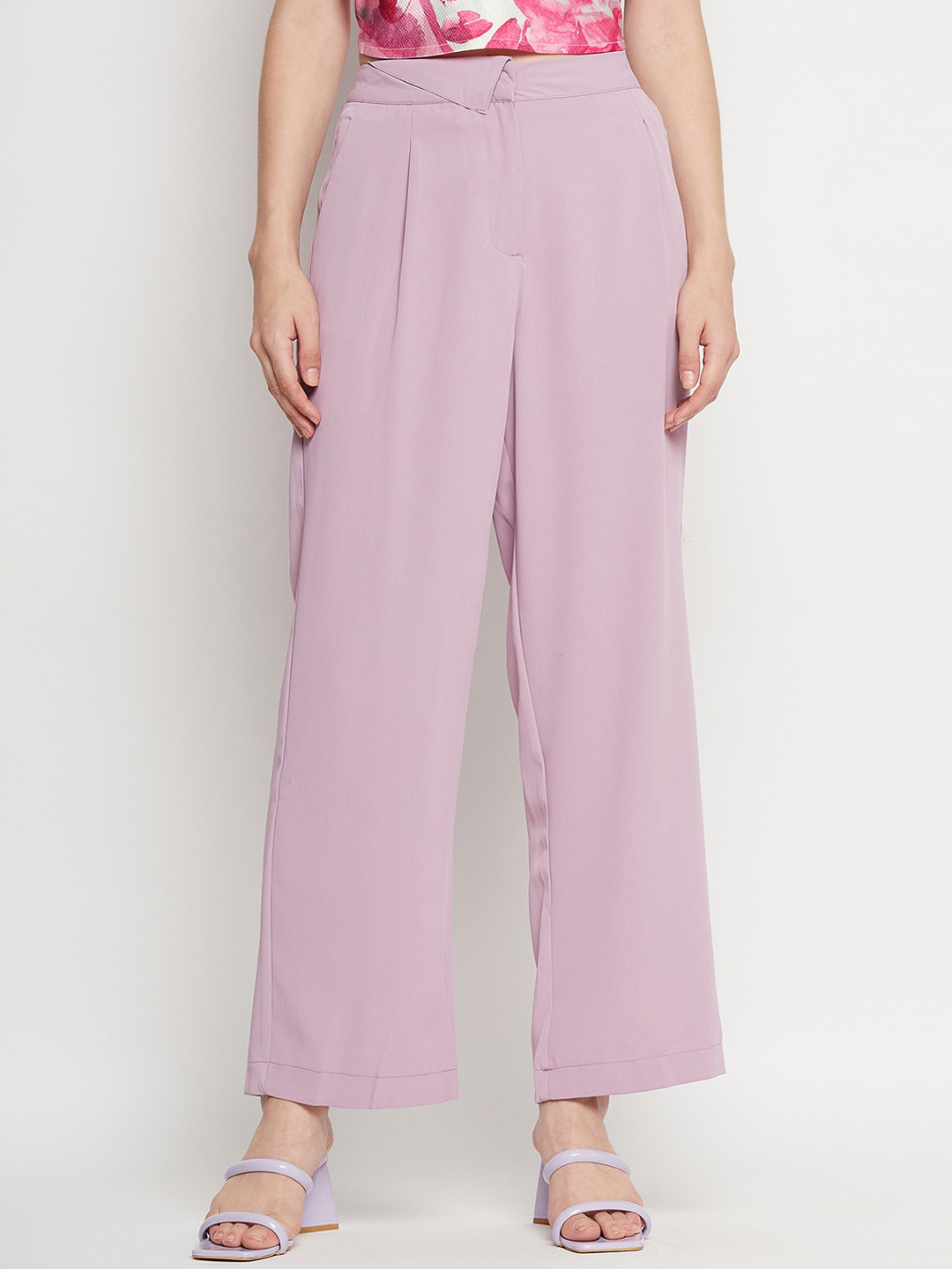 Madame Women Loose Fit Pleated Parallel Wide Leg Trousers