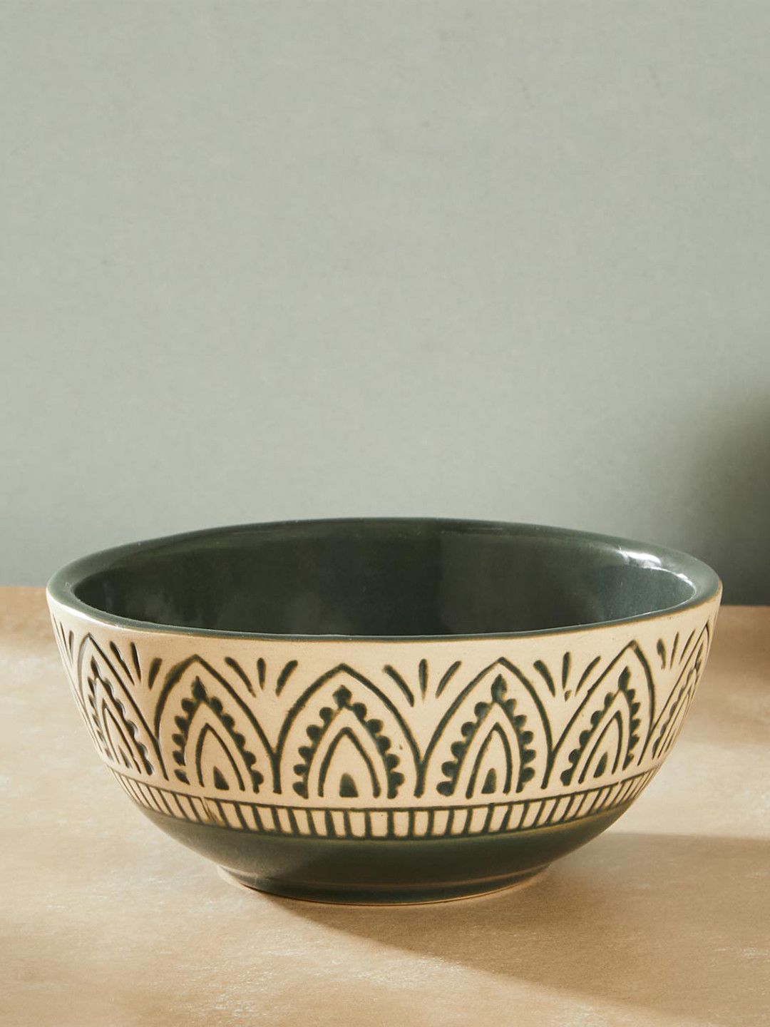 Fabindia Leela Olive Green Printed Ceramic Serving Bowl 600ml