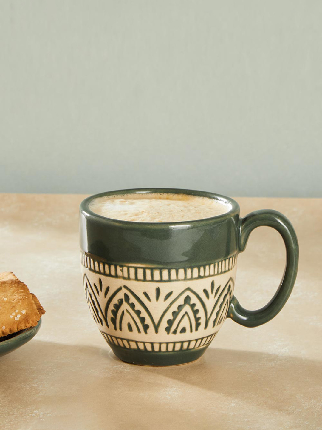 Fabindia Olive Striped Ceramic Microwave Safe Mug-300ml
