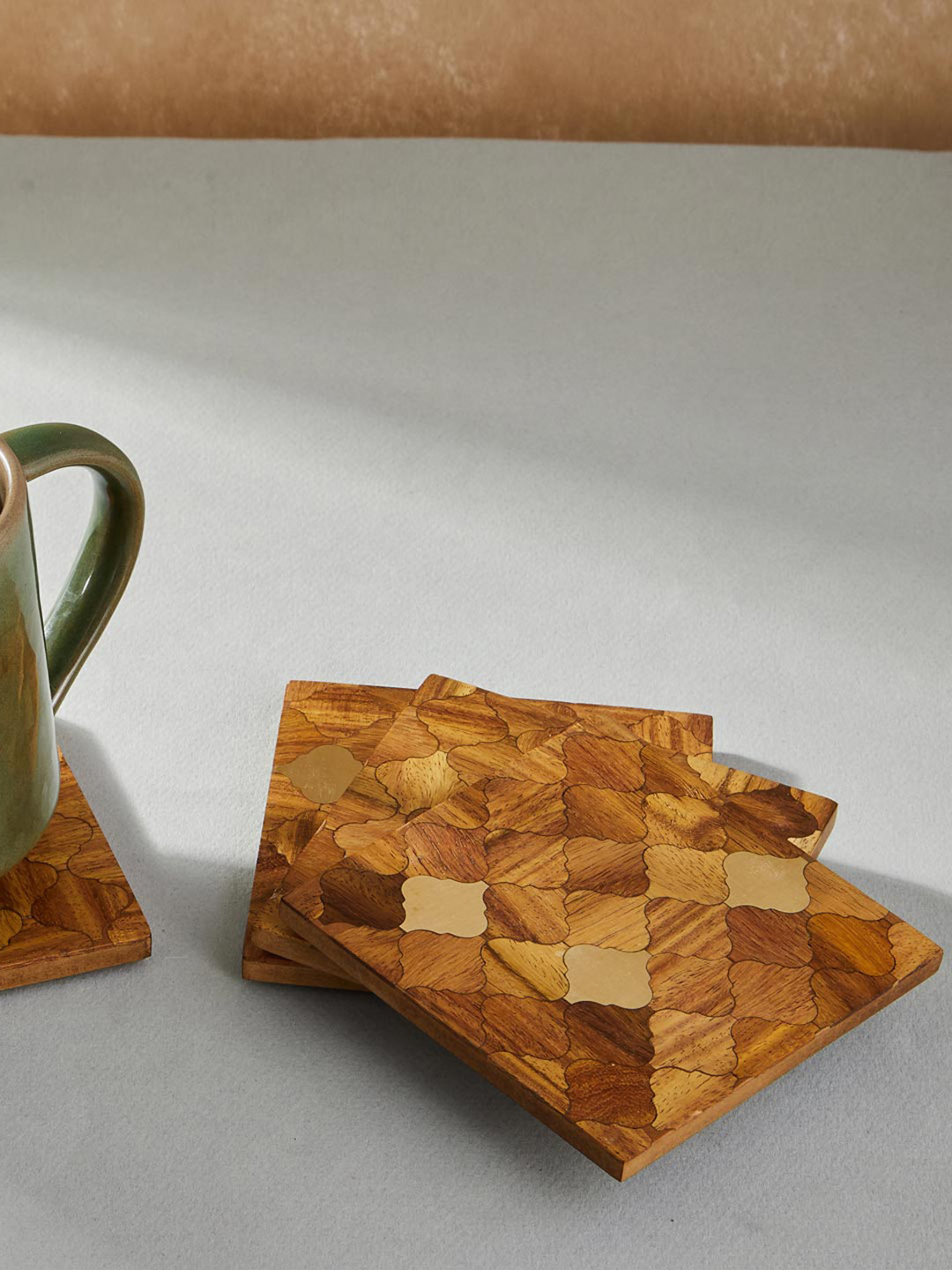 Fabindia Aavegh Inlay 4-Pcs Brown Printed Wooden Coasters